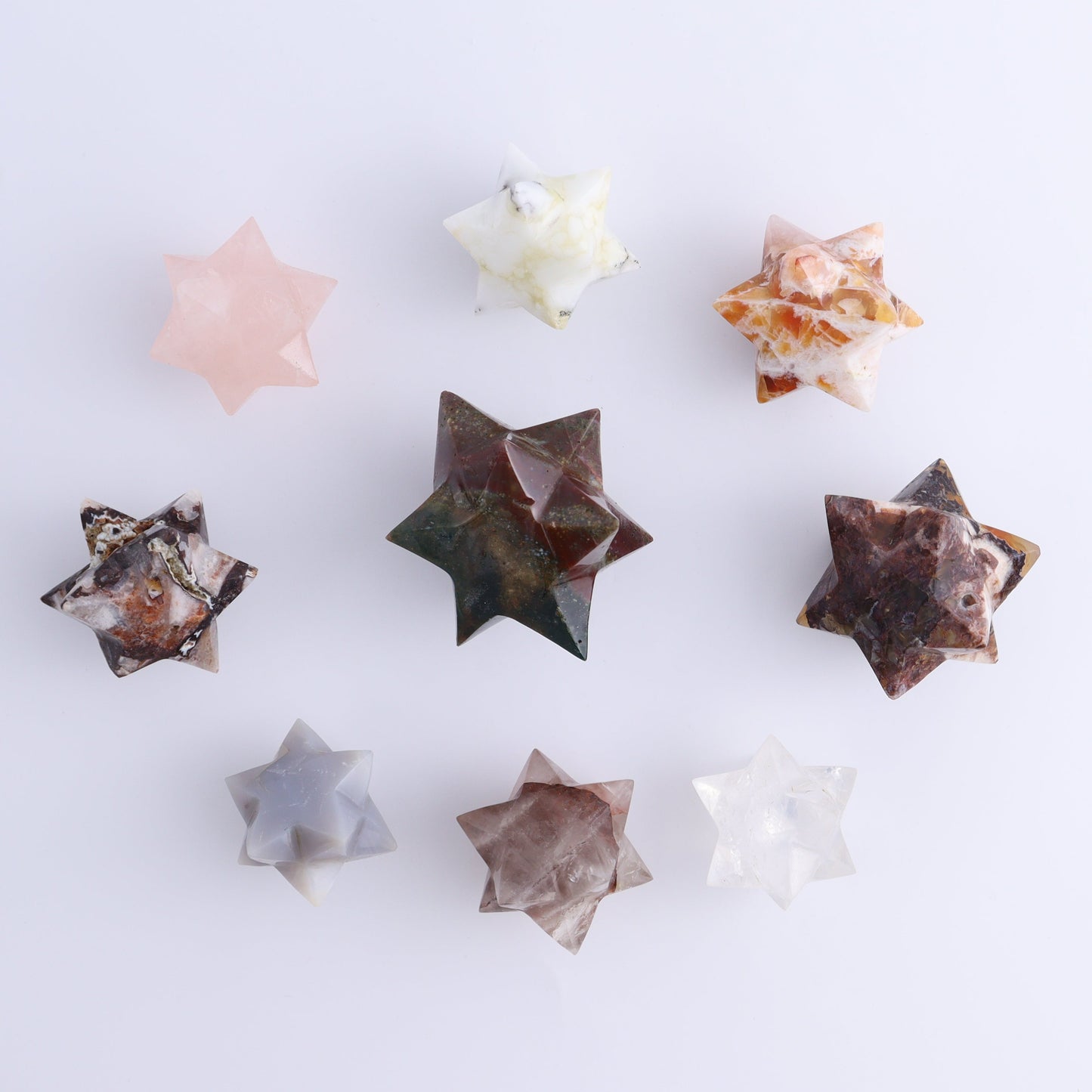 Mixed Stones Stars Cut Base Set of 17 - Expert Wholesale and Supplier of Wholesale Crystals & Bulk Gemstones, ["Brecciated Jasper","Cut Base","Indigo Gabbro","jasper","Quartz","Rose Quartz","stars"]