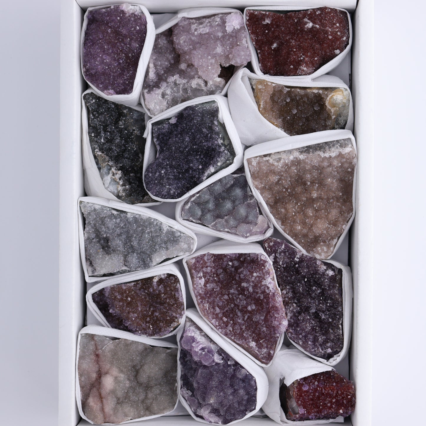 Uruguay Rainbow Amethyst Clusters Flat of 15 - Expert Wholesale and Supplier of Wholesale Crystals & Bulk Gemstones, ["Amethyst","Clusters","Rainbow Amethyst","Sugar Rainbow Amethyst","Uruguay"]