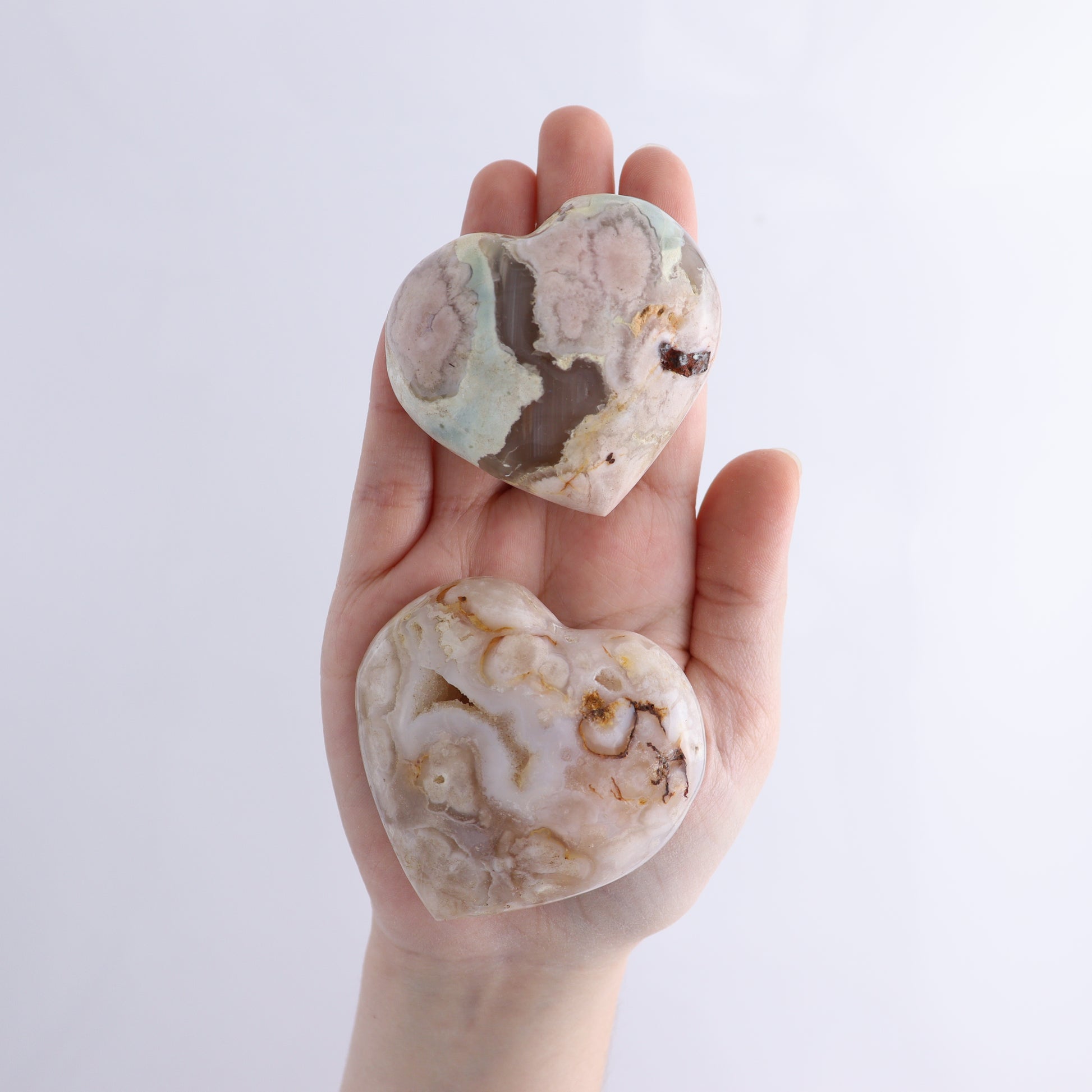 Flower Agate Hearts Flat of 20 - Expert Wholesale and Supplier of Wholesale Crystals & Bulk Gemstones, ["Flower Agate","Hearts","Madagascar"]