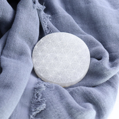 One Selenite (Satin Spar) Flower of Life Round Plate - Expert Wholesale and Supplier of Wholesale Crystals & Bulk Gemstones, ["close_30","Morocco","Round Dish","Selenite"]
