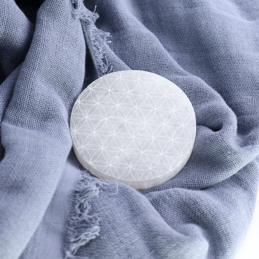 One Selenite (Satin Spar) Flower of Life Round Plate - Expert Wholesale and Supplier of Wholesale Crystals & Bulk Gemstones, ["close_30","Morocco","Round Dish","Selenite"]