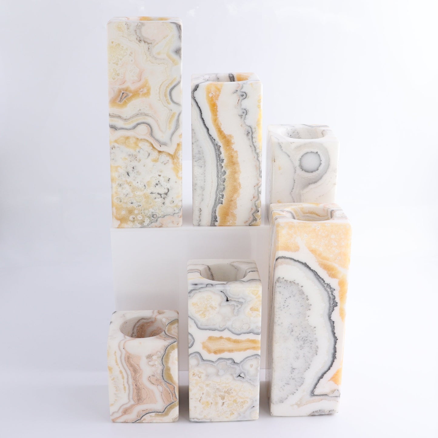 One Candle Holder Mexican Onyx/Calcite Zebra Yellow & White Set of 3 - Expert Wholesale and Supplier of Wholesale Crystals & Bulk Gemstones, ["Calcite","Candle Holder","Catalog Onyx","Mexico","onyx"]