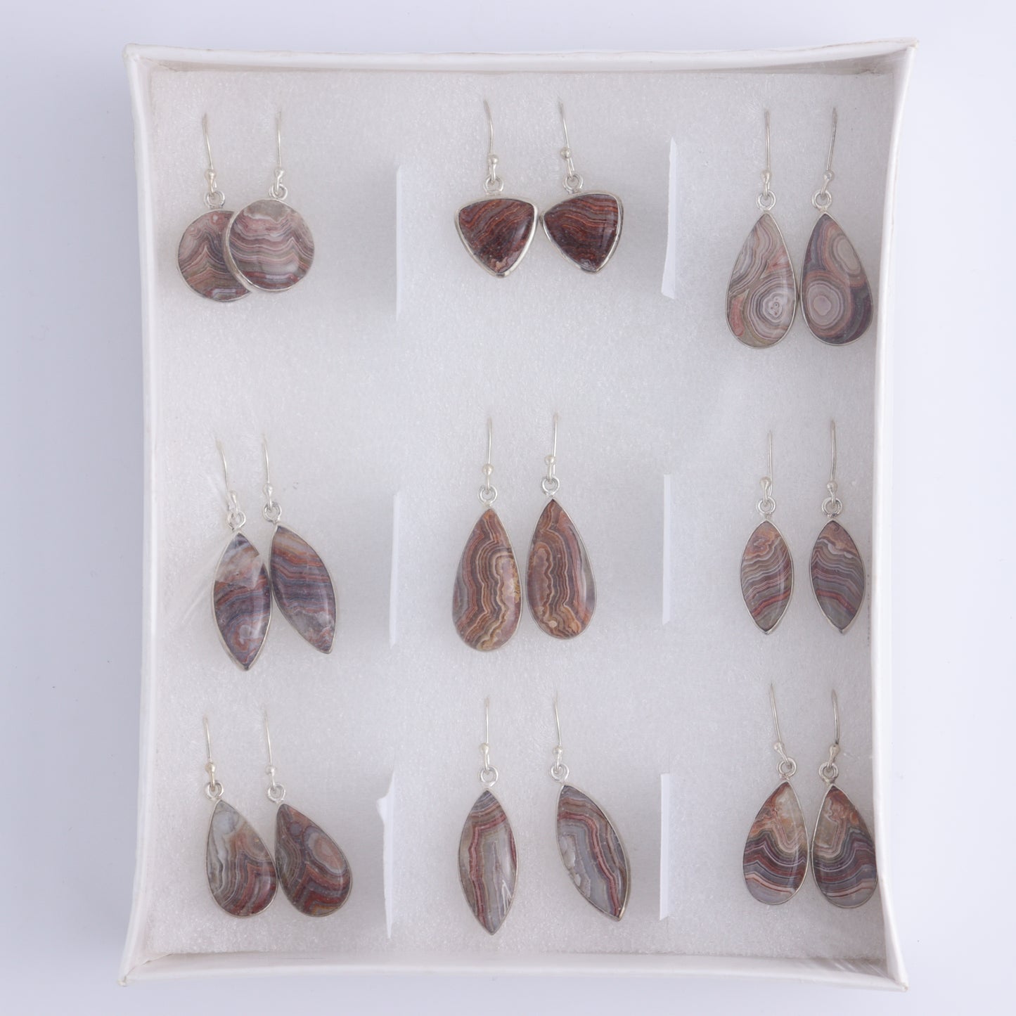 Crazy Lace Agate Earrings Pairs of 9 - Expert Wholesale and Supplier of Wholesale Crystals & Bulk Gemstones, ["close_50","Crazy Lace Agate","earrings","India","sterling silver"]