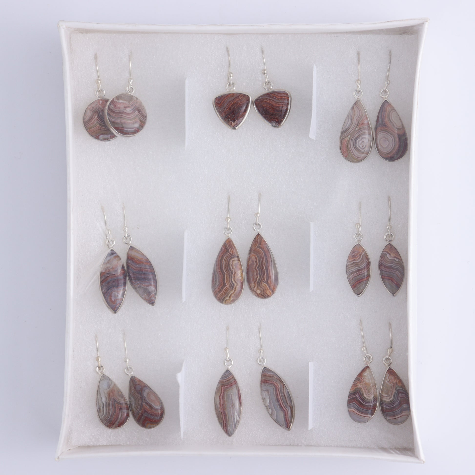 Crazy Lace Agate Earrings Pairs of 9 - Expert Wholesale and Supplier of Wholesale Crystals & Bulk Gemstones, ["close_50","Crazy Lace Agate","earrings","India","sterling silver"]