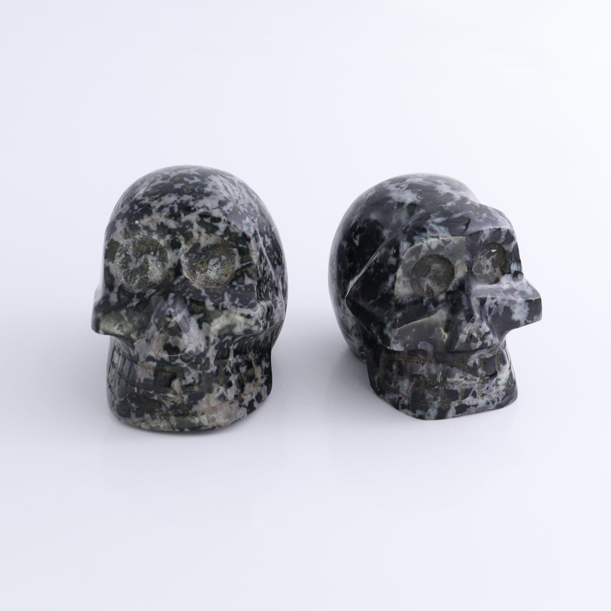 Indigo Gabbro Skulls Set of 2 - Expert Wholesale and Supplier of Wholesale Crystals & Bulk Gemstones, ["Indigo Gabbro","Madagascar","Skulls"]