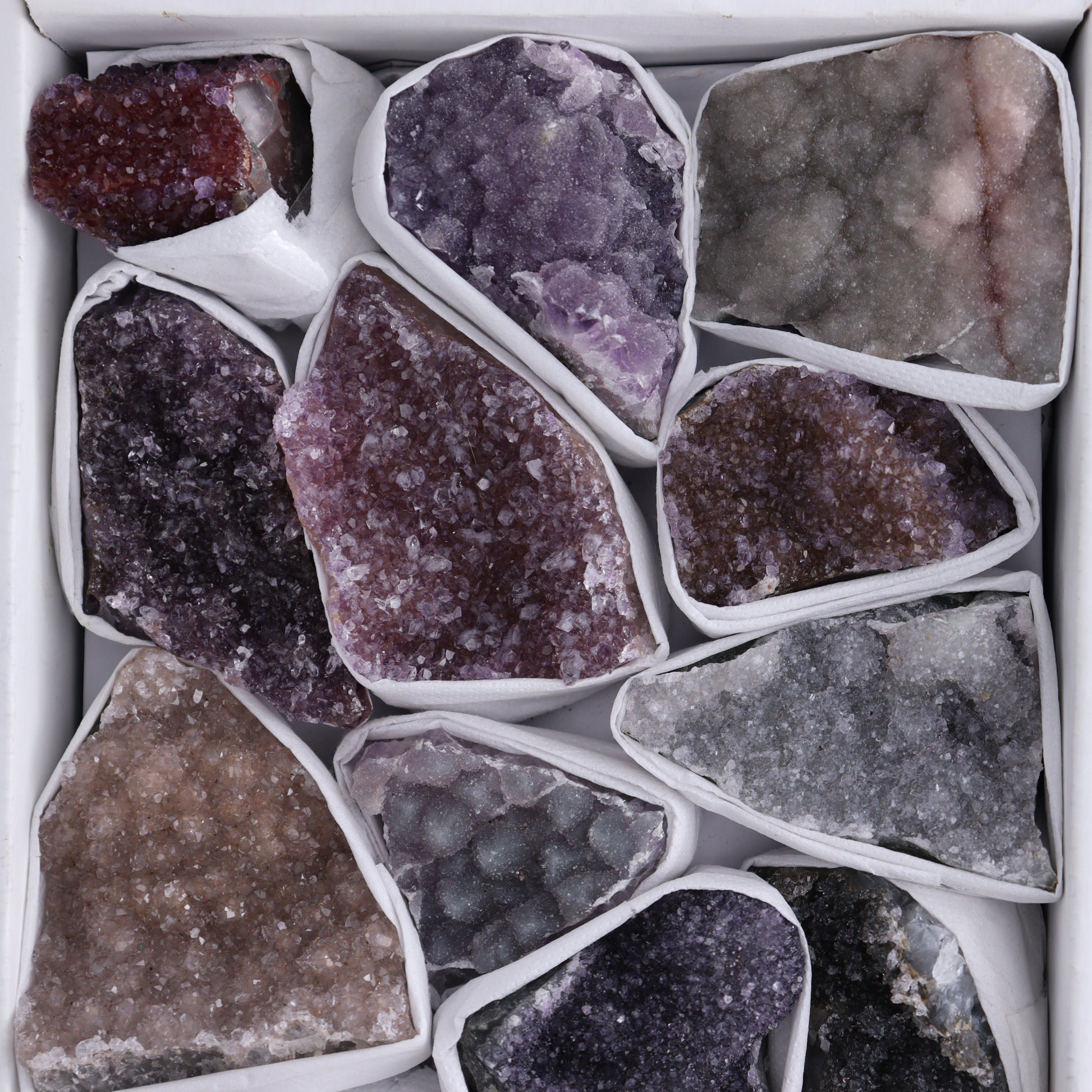 Uruguay Rainbow Amethyst Clusters Flat of 15 - Expert Wholesale and Supplier of Wholesale Crystals & Bulk Gemstones, ["Amethyst","Clusters","Rainbow Amethyst","Sugar Rainbow Amethyst","Uruguay"]