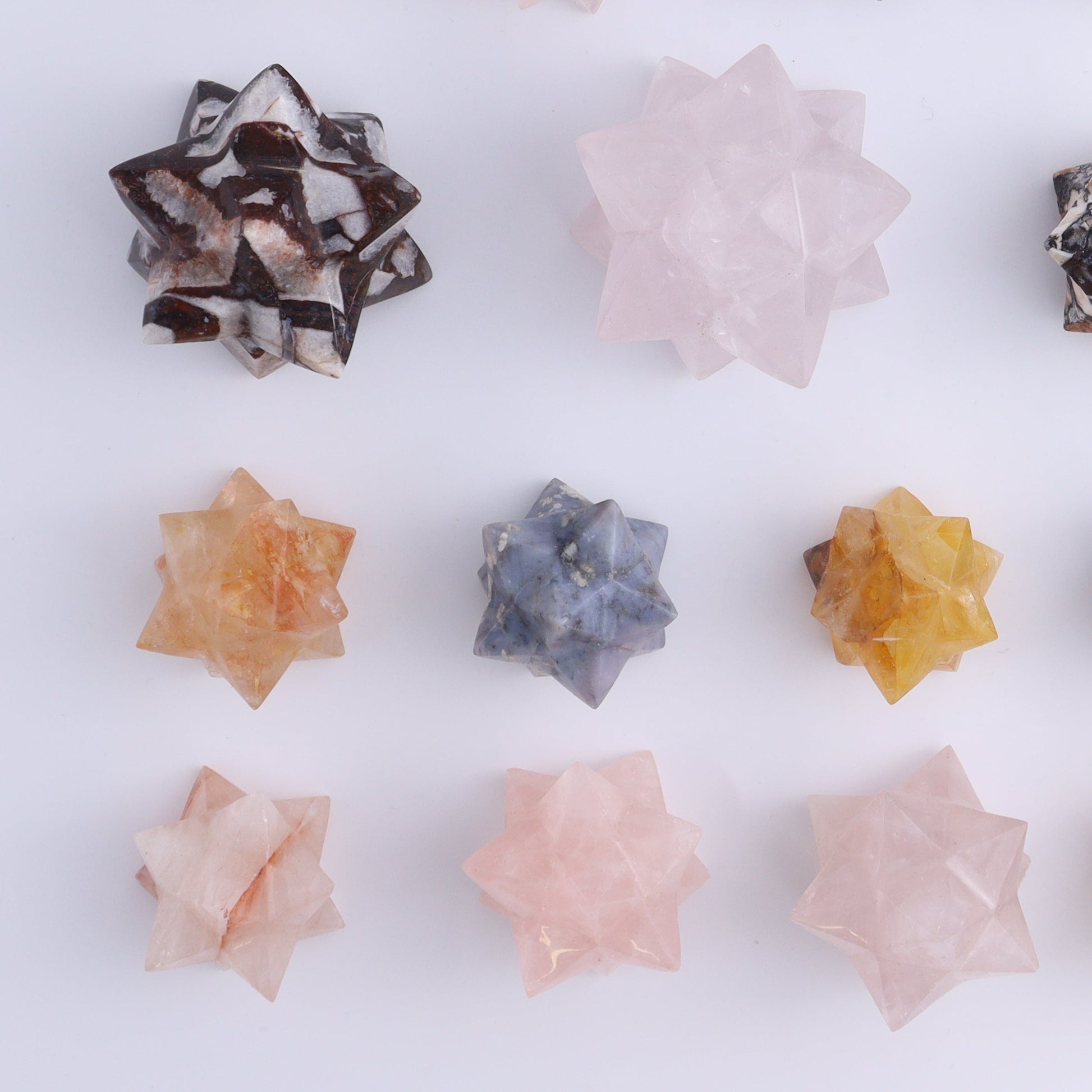 Mixed Stones Stars Cut Base Set of 18 - Expert Wholesale and Supplier of Wholesale Crystals & Bulk Gemstones, ["Cut Base","jasper","Quartz","Rose Quartz","stars"]