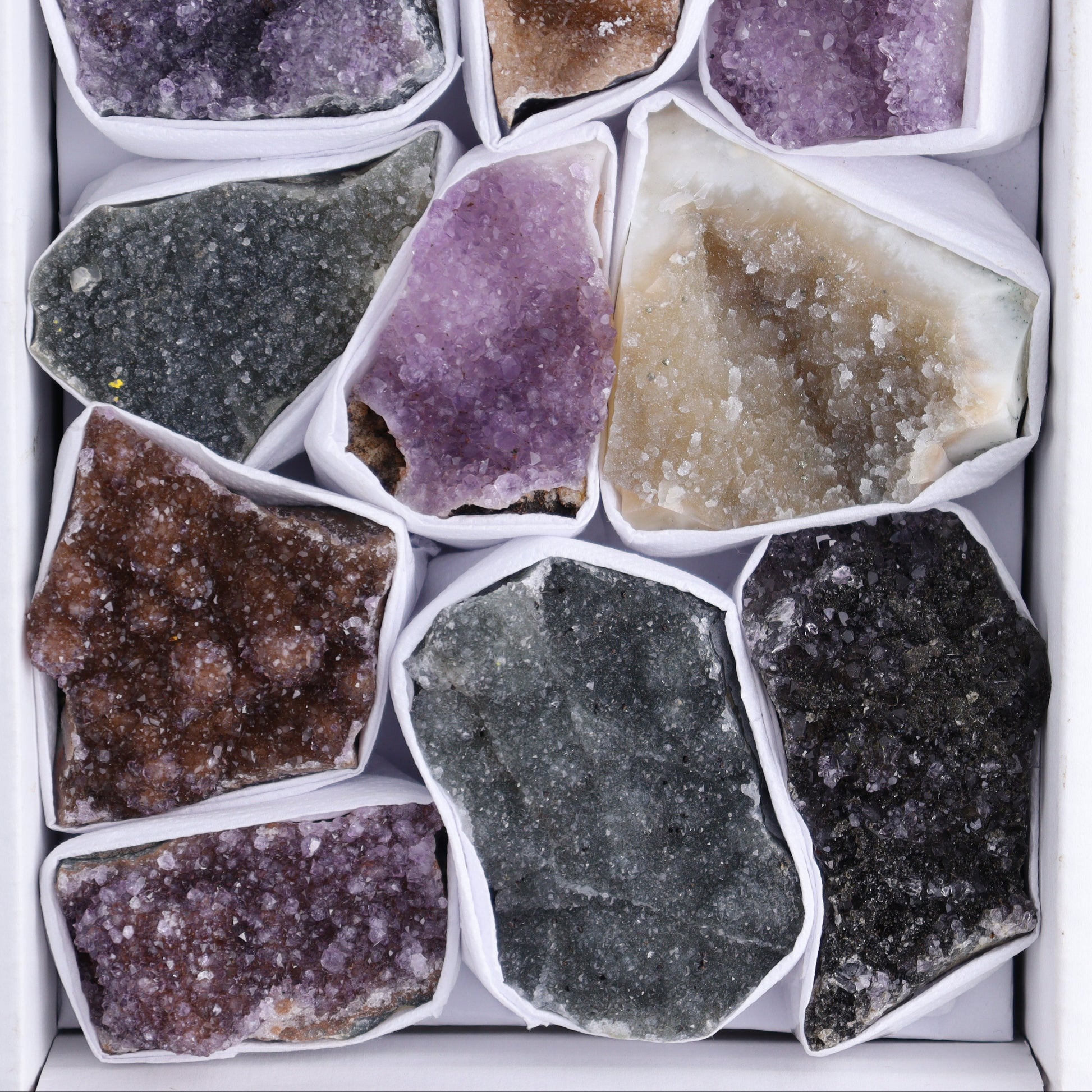 Uruguay Rainbow Amethyst Clusters Flat of 13 - Expert Wholesale and Supplier of Wholesale Crystals & Bulk Gemstones, ["Amethyst","Clusters","Rainbow Amethyst","Sugar Rainbow Amethyst","Uruguay"]