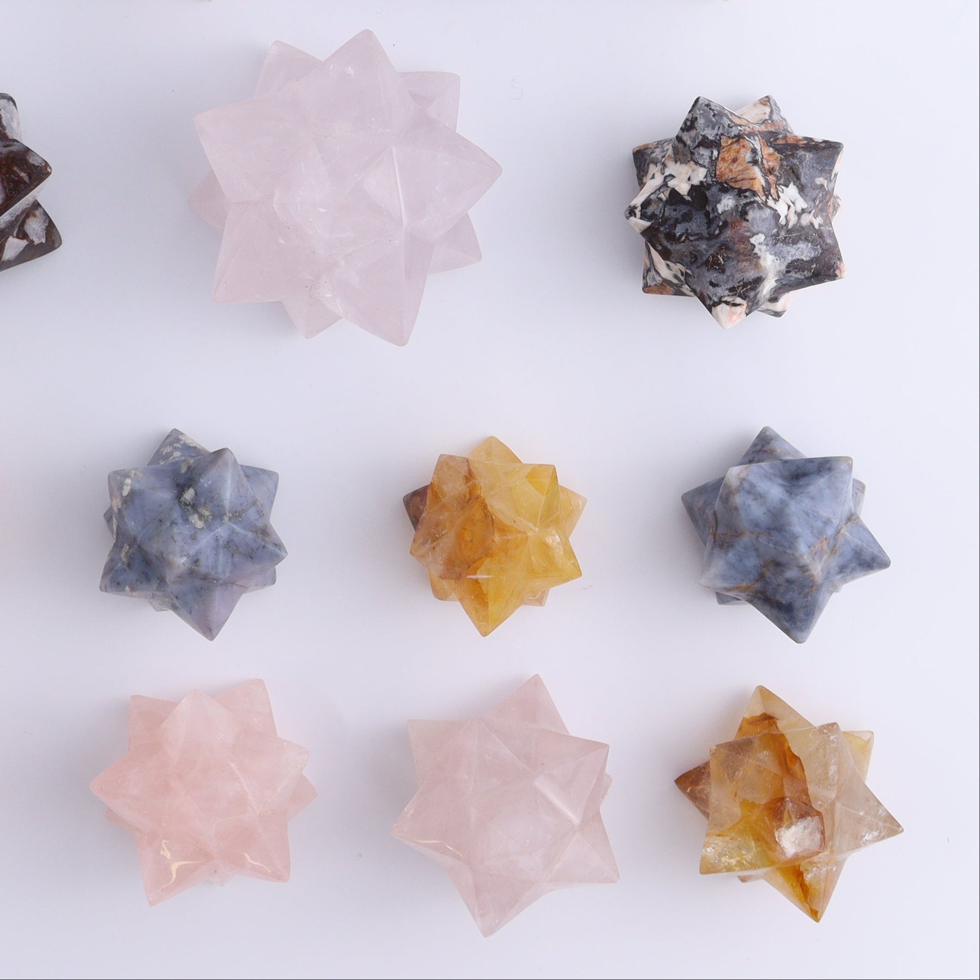 Mixed Stones Stars Cut Base Set of 18 - Expert Wholesale and Supplier of Wholesale Crystals & Bulk Gemstones, ["Cut Base","jasper","Quartz","Rose Quartz","stars"]