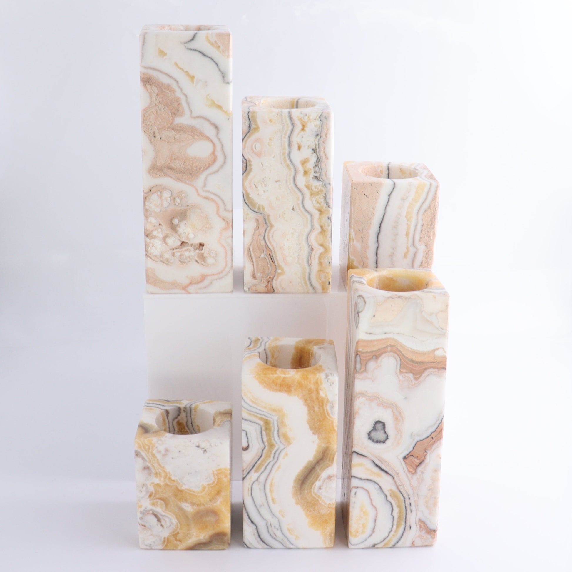 One Candle Holder Mexican Onyx/Calcite Zebra Yellow & White Set of 3 - Expert Wholesale and Supplier of Wholesale Crystals & Bulk Gemstones, ["Calcite","Candle Holder","Catalog Onyx","Mexico","onyx"]