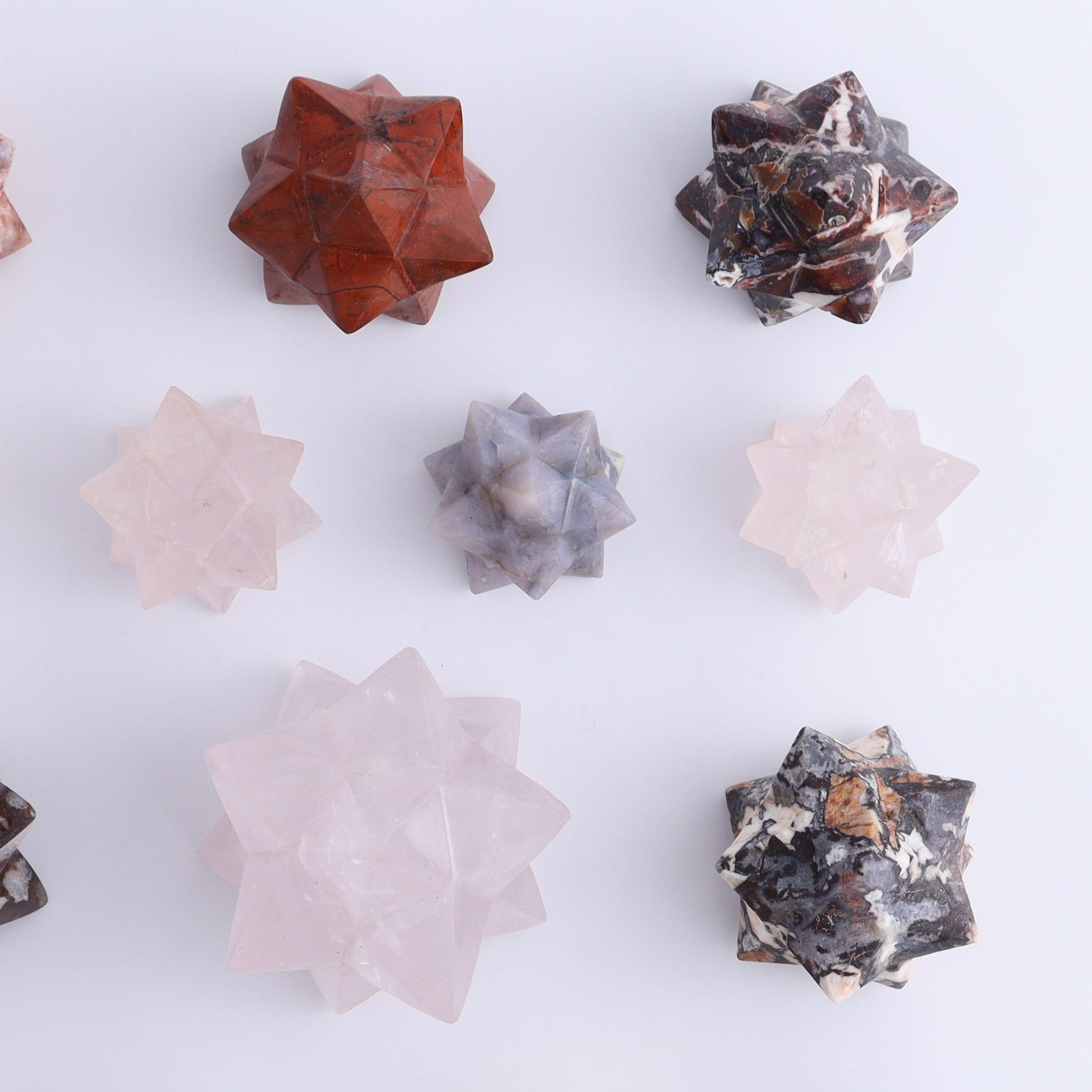 Mixed Stones Stars Cut Base Set of 18 - Expert Wholesale and Supplier of Wholesale Crystals & Bulk Gemstones, ["Cut Base","jasper","Quartz","Rose Quartz","stars"]