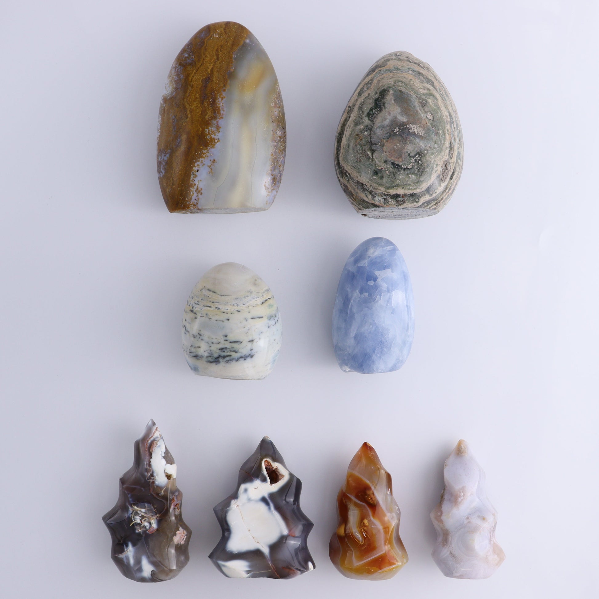 Mixed Jasper, Agate, and Calcite Set of 8 - Expert Wholesale and Supplier of Wholesale Crystals & Bulk Gemstones, ["Agate","Blue Calcite","Calcite","close_70","jasper","Ocean Jasper","Orca Agate"]