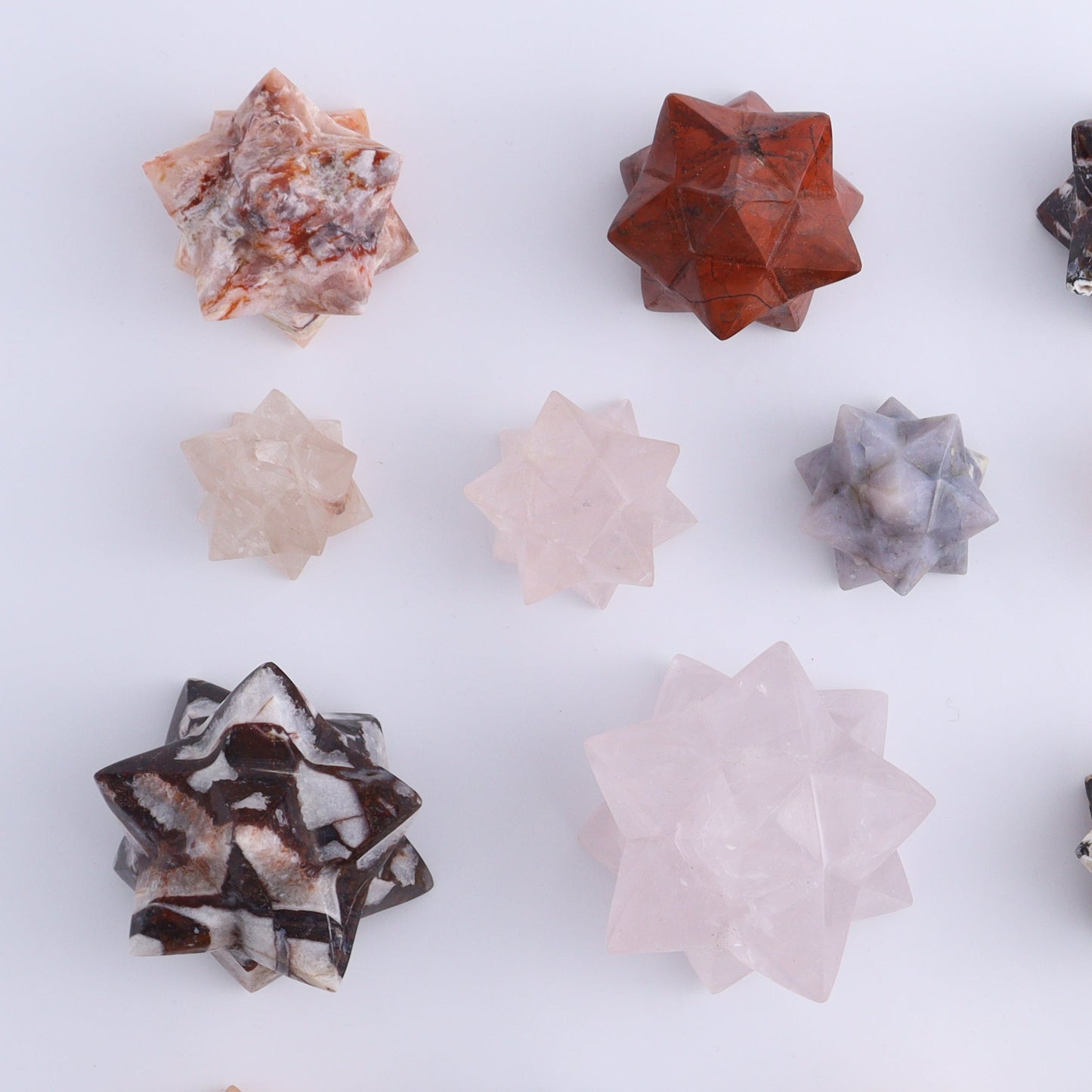 Mixed Stones Stars Cut Base Set of 18 - Expert Wholesale and Supplier of Wholesale Crystals & Bulk Gemstones, ["Cut Base","jasper","Quartz","Rose Quartz","stars"]
