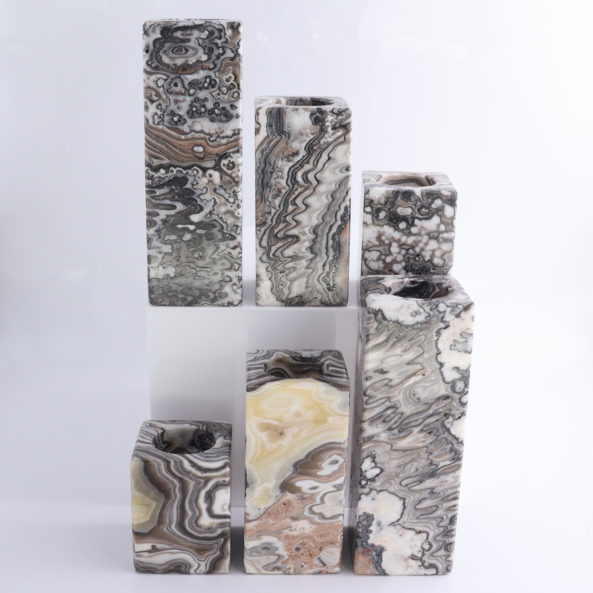 One Candle Holder Mexican Onyx/Calcite Zebra Black & White Set of 3 - Expert Wholesale and Supplier of Wholesale Crystals & Bulk Gemstones, ["Calcite","Candle Holder","Catalog Onyx","Mexico","onyx"]