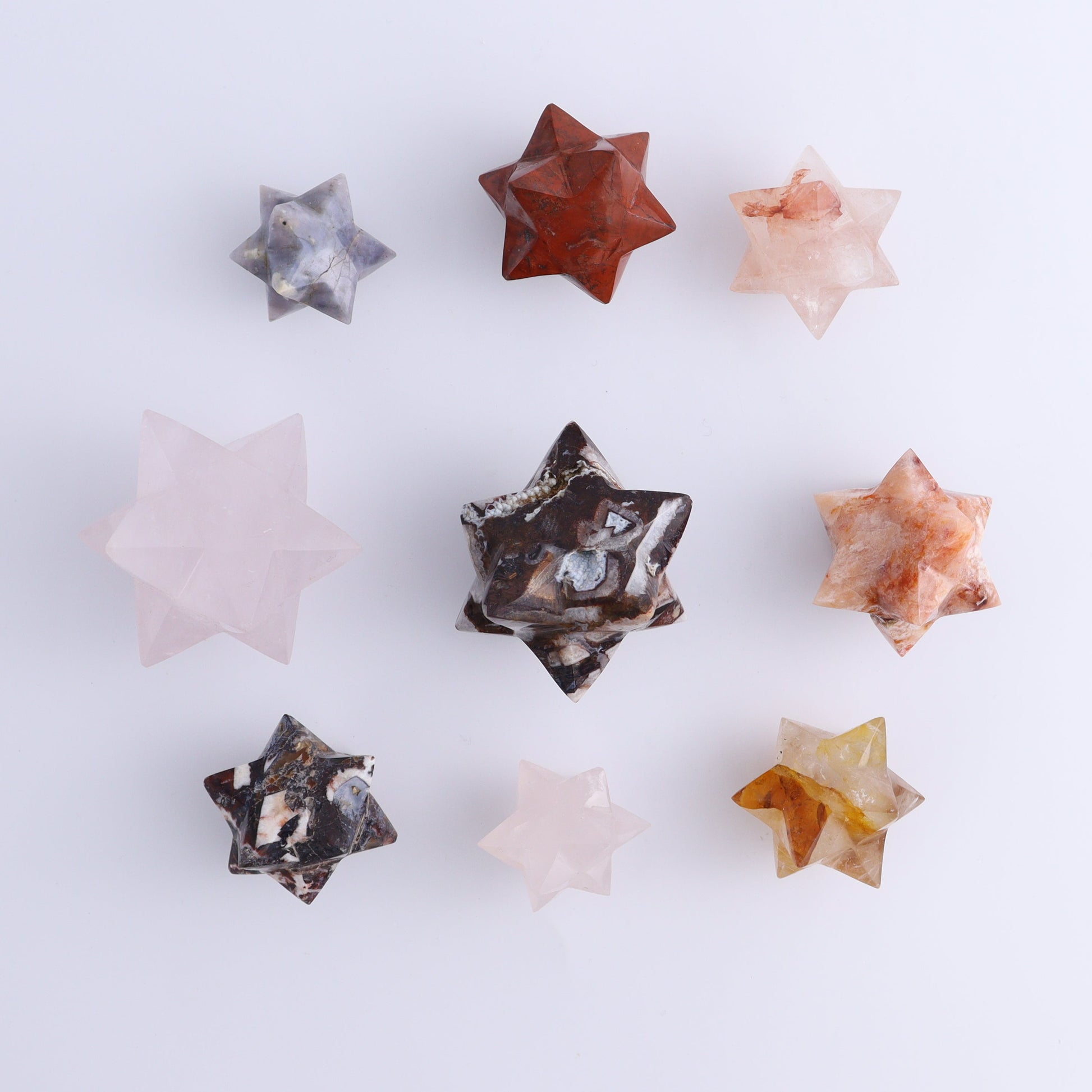 Mixed Stones Stars Cut Base Set of 18 - Expert Wholesale and Supplier of Wholesale Crystals & Bulk Gemstones, ["Cut Base","jasper","Quartz","Rose Quartz","stars"]