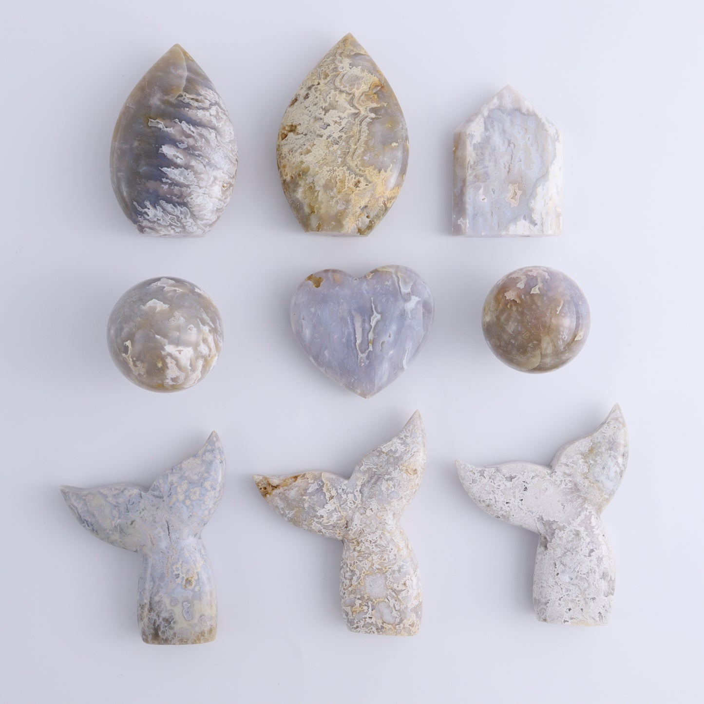 Agate Mermaid Tails, Spheres, Hearts, Flames and a Tower Set of 9 - Expert Wholesale and Supplier of Wholesale Crystals & Bulk Gemstones, ["Agate","Clouds","flames","Hearts","Spheres"]
