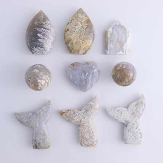 Agate Mermaid Tails, Spheres, Hearts, Flames and a Tower Set of 9 - Expert Wholesale and Supplier of Wholesale Crystals & Bulk Gemstones, ["Agate","Clouds","flames","Hearts","Spheres"]