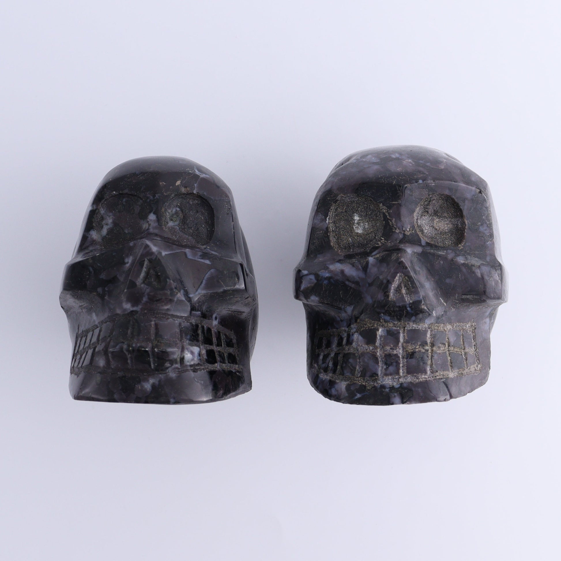 Indigo Gabbro Skulls Set of 2 - Expert Wholesale and Supplier of Wholesale Crystals & Bulk Gemstones, ["Indigo Gabbro","Madagascar","Skulls"]