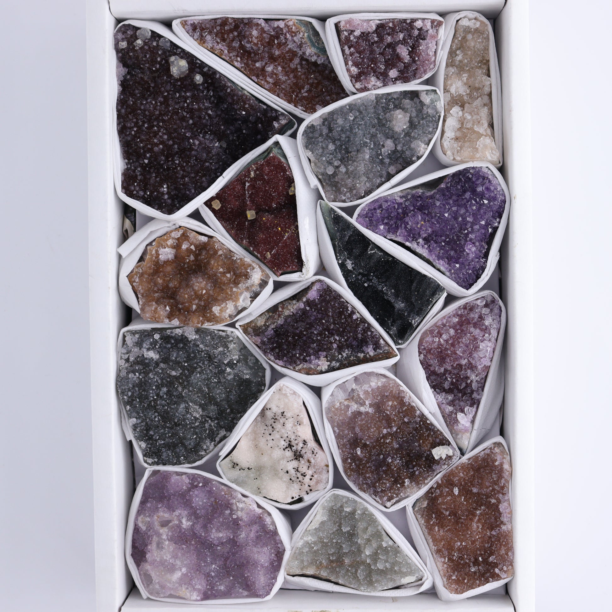 Uruguay Rainbow Amethyst Clusters Flat of 17 - Expert Wholesale and Supplier of Wholesale Crystals & Bulk Gemstones, ["Amethyst","Clusters","Rainbow Amethyst","Sugar Rainbow Amethyst","Uruguay"]