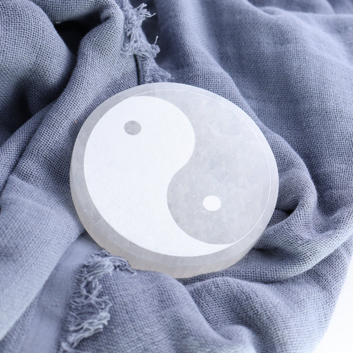 One Selenite (Satin Spar) Yin Yang Round Plate - Expert Wholesale and Supplier of Wholesale Crystals & Bulk Gemstones, ["Morocco","Round Dish","Selenite","Yin Yang"]