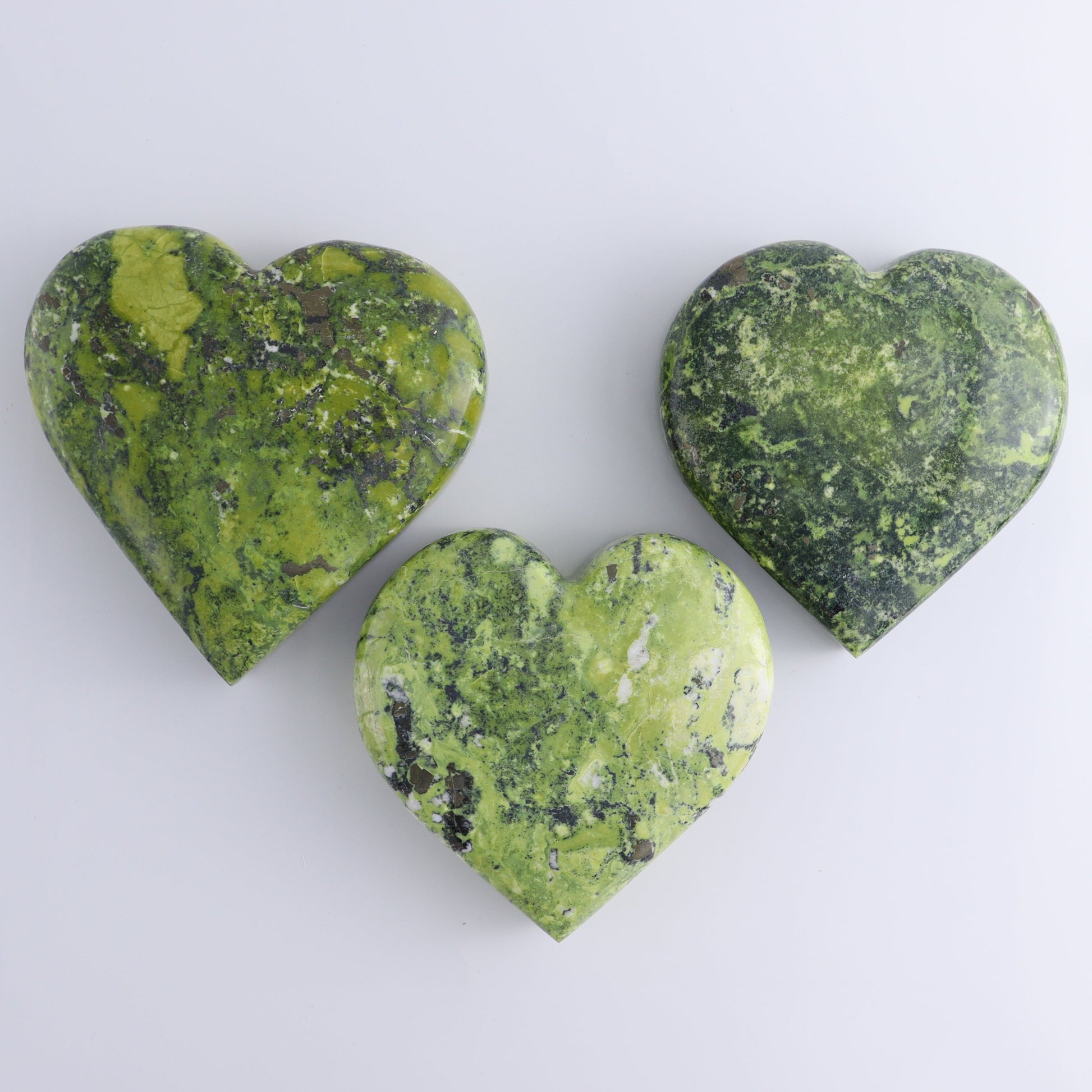 Serpentine with Pyrite Hearts Set of 3 - Expert Wholesale and Supplier of Wholesale Crystals & Bulk Gemstones, ["Hearts","Peru","serpentine"]