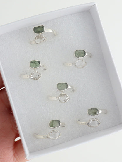 Sterling Silver Adjustable Moldavite and Herkimer Rings Set of 6 - Expert Wholesale and Supplier of Wholesale Crystals & Bulk Gemstones, ["moldavite","rings"]