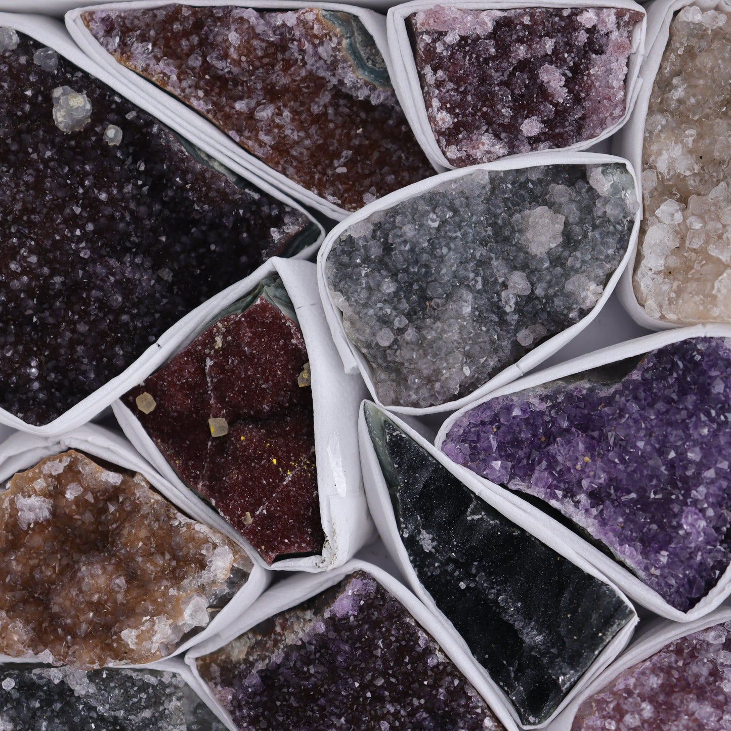 Uruguay Rainbow Amethyst Clusters Flat of 17 - Expert Wholesale and Supplier of Wholesale Crystals & Bulk Gemstones, ["Amethyst","Clusters","Rainbow Amethyst","Sugar Rainbow Amethyst","Uruguay"]