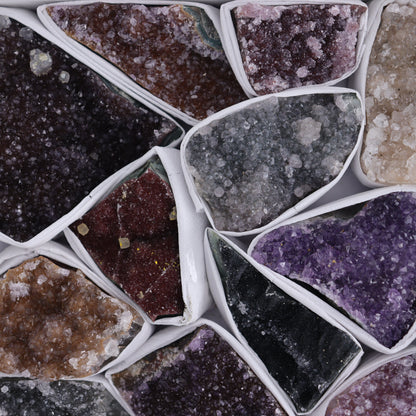Uruguay Rainbow Amethyst Clusters Flat of 17 - Expert Wholesale and Supplier of Wholesale Crystals & Bulk Gemstones, ["Amethyst","Clusters","Rainbow Amethyst","Sugar Rainbow Amethyst","Uruguay"]