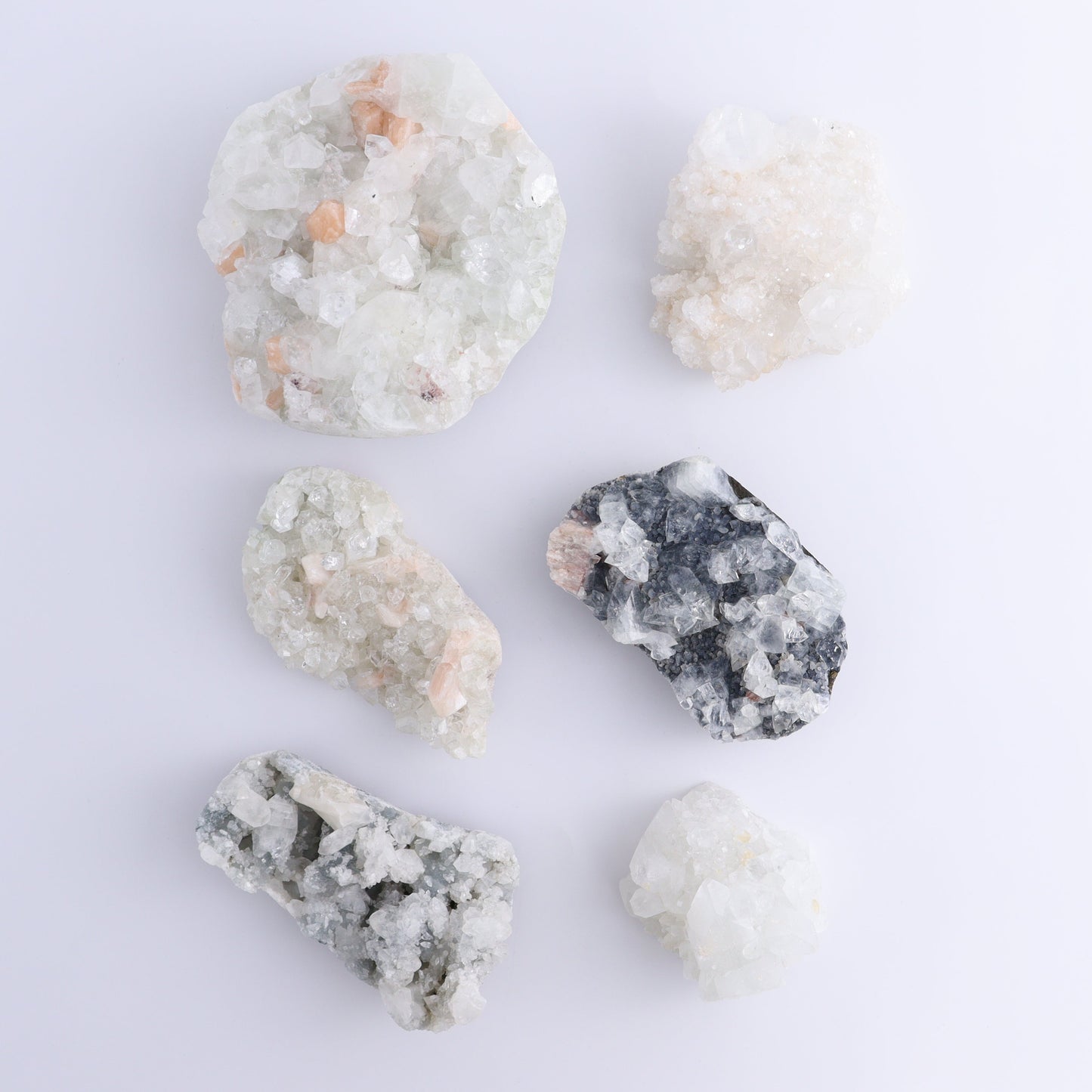 Apophyllite Clusters Set of 6 - Expert Wholesale and Supplier of Wholesale Crystals & Bulk Gemstones, ["Apophyllite","Clusters","Flats"]