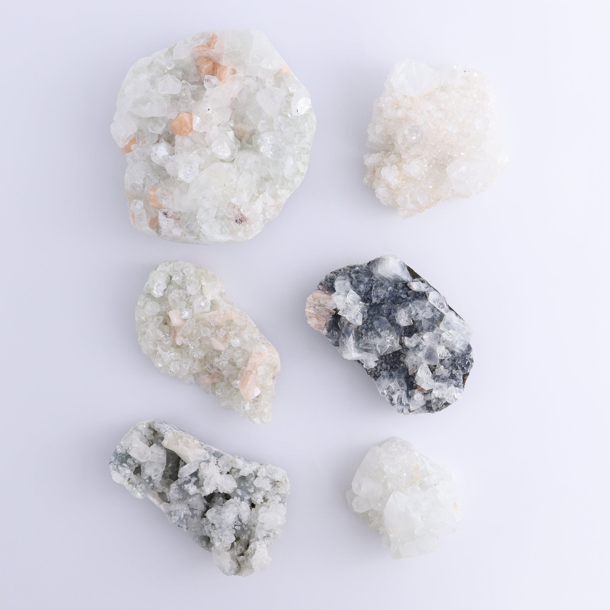 Apophyllite Clusters Set of 6 - Expert Wholesale and Supplier of Wholesale Crystals & Bulk Gemstones, ["Apophyllite","Clusters","Flats"]
