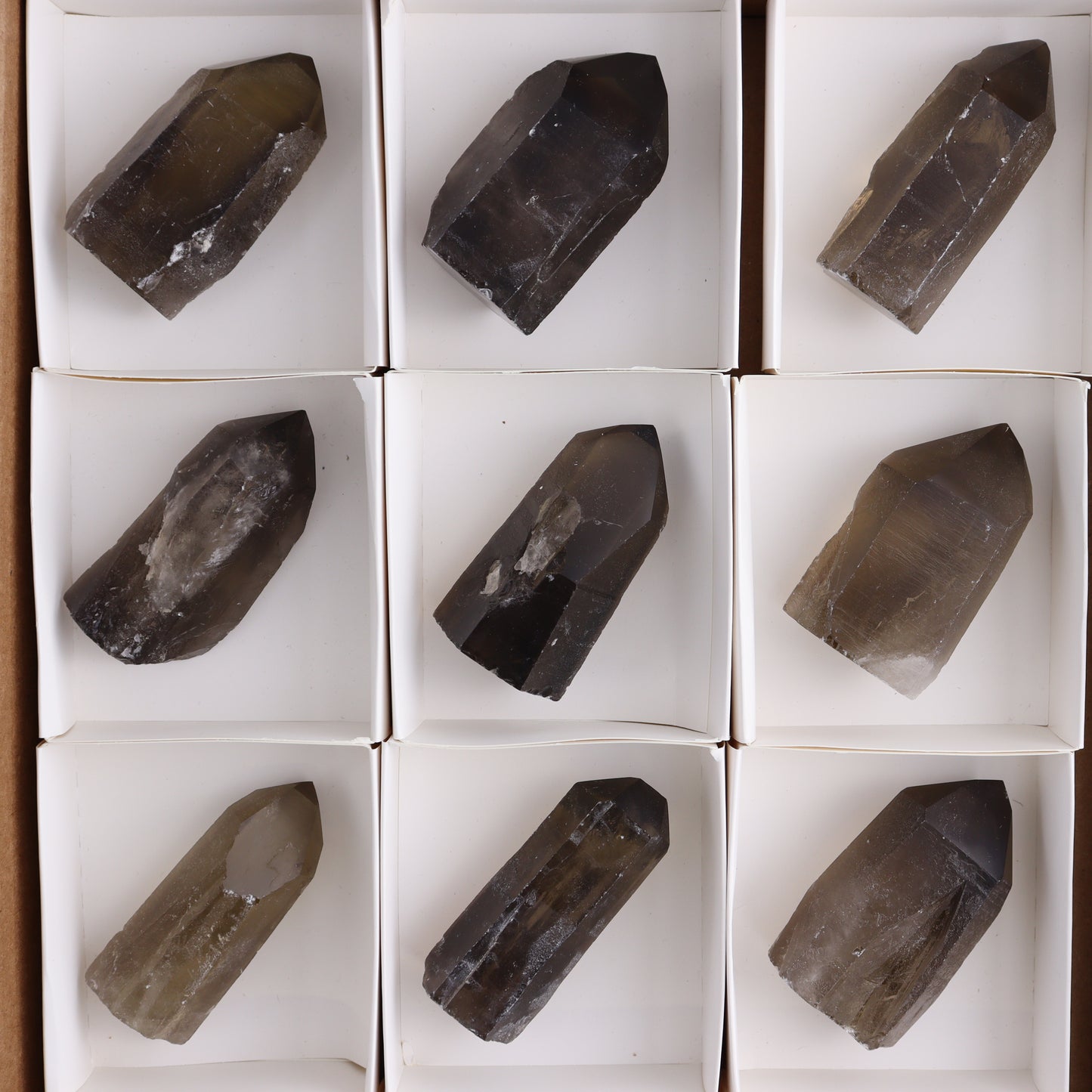 Smoky Quartz Polished Tops Set of 12 - Expert Wholesale and Supplier of Wholesale Crystals & Bulk Gemstones, ["Brazil","close_70","Points","Polished Tip","Quartz","Smoky Quartz"]