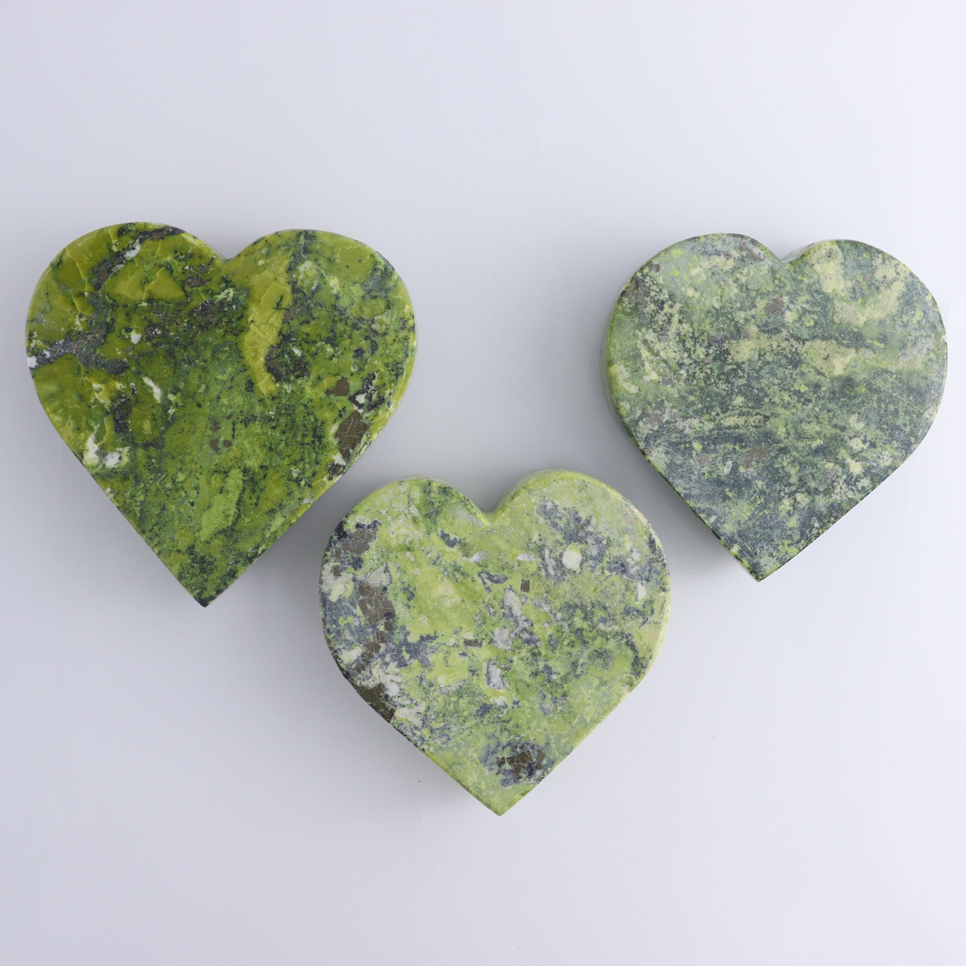 Serpentine with Pyrite Hearts Set of 3 - Expert Wholesale and Supplier of Wholesale Crystals & Bulk Gemstones, ["Hearts","Peru","serpentine"]