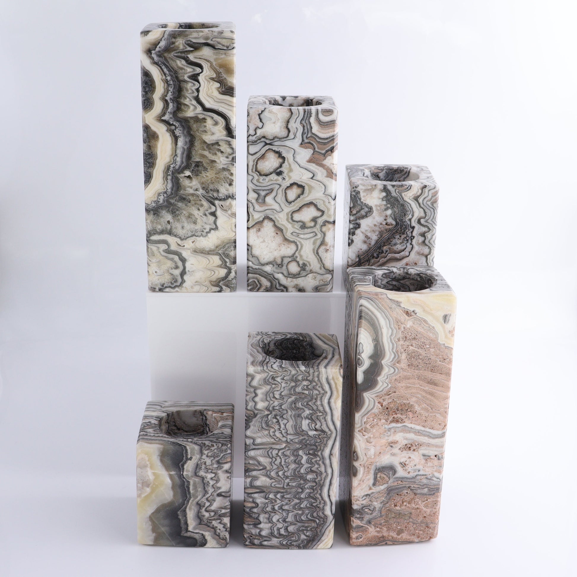 One Candle Holder Mexican Onyx/Calcite Zebra Black & White Set of 3 - Expert Wholesale and Supplier of Wholesale Crystals & Bulk Gemstones, ["Calcite","Candle Holder","Catalog Onyx","Mexico","onyx"]