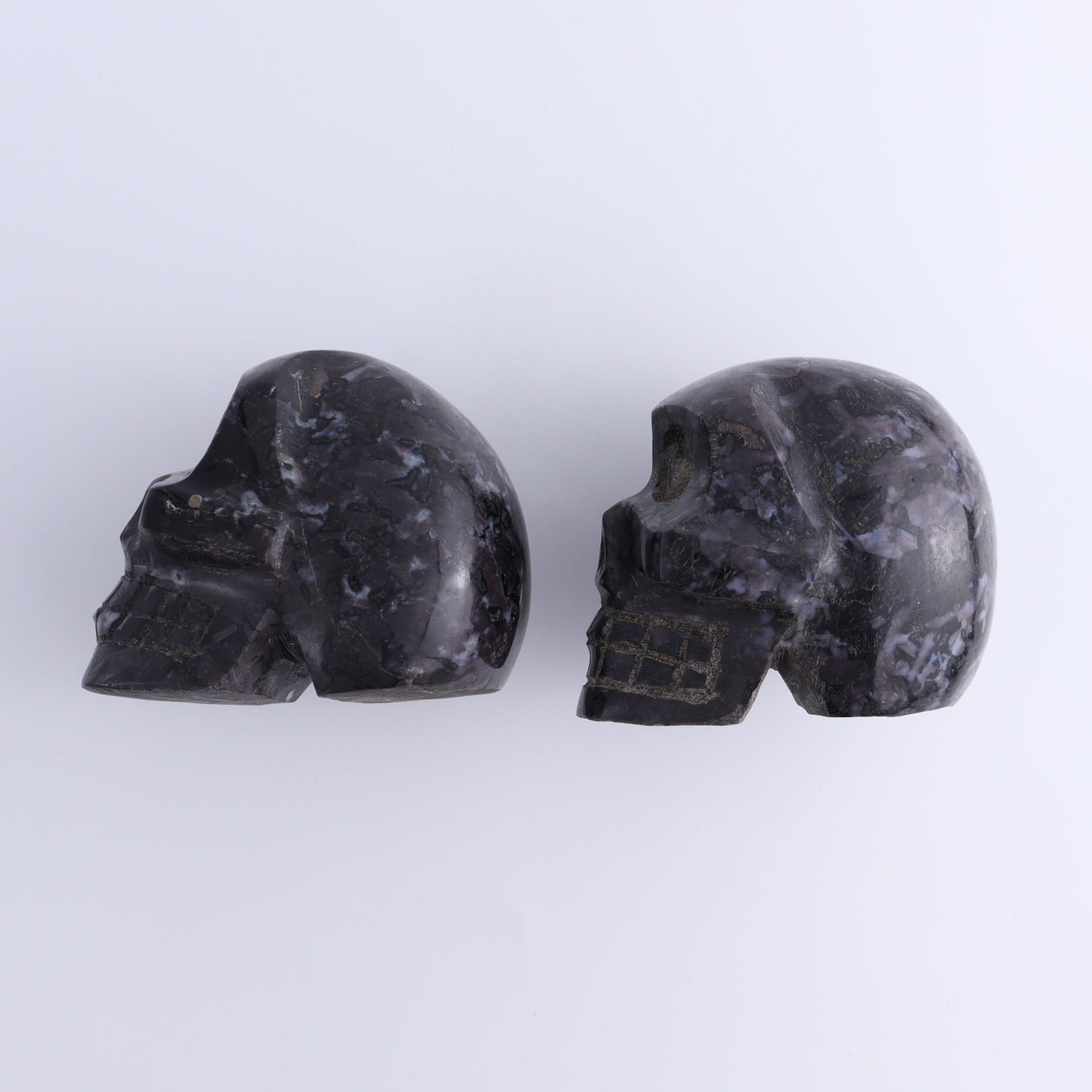 Indigo Gabbro Skulls Set of 2 - Expert Wholesale and Supplier of Wholesale Crystals & Bulk Gemstones, ["Indigo Gabbro","Madagascar","Skulls"]