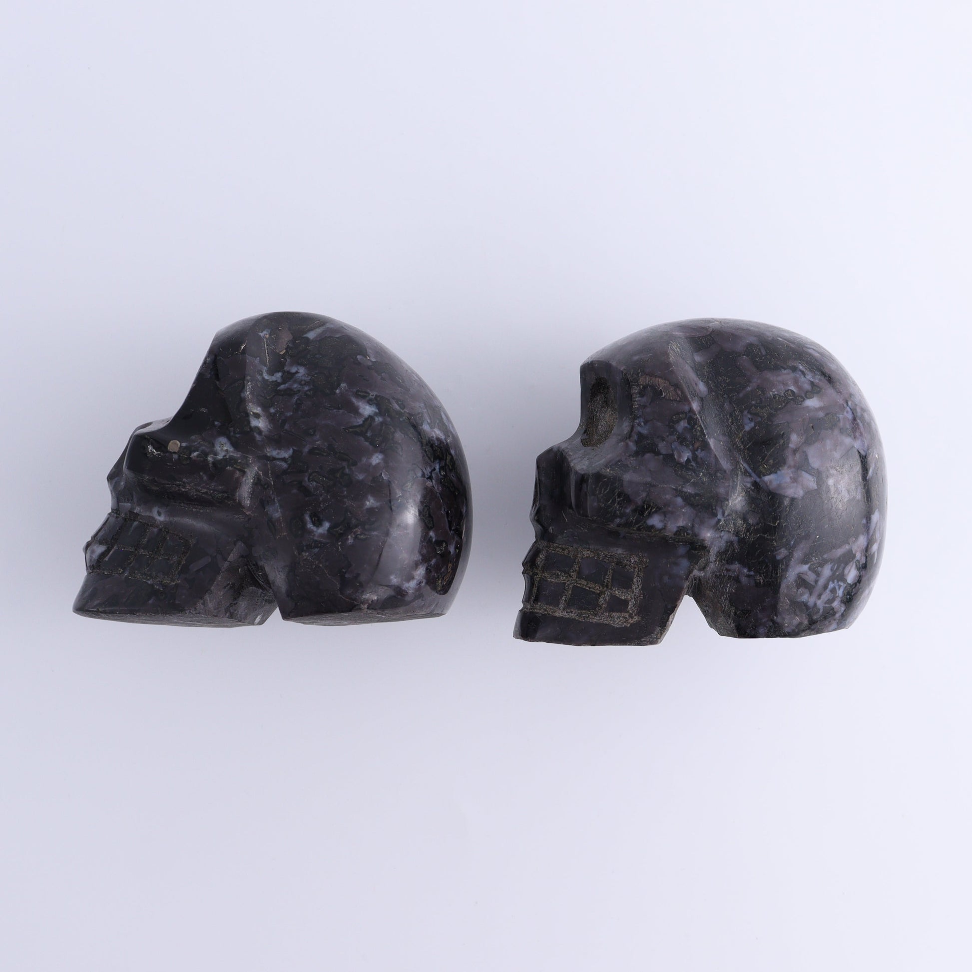Indigo Gabbro Skulls Set of 2 - Expert Wholesale and Supplier of Wholesale Crystals & Bulk Gemstones, ["Indigo Gabbro","Madagascar","Skulls"]