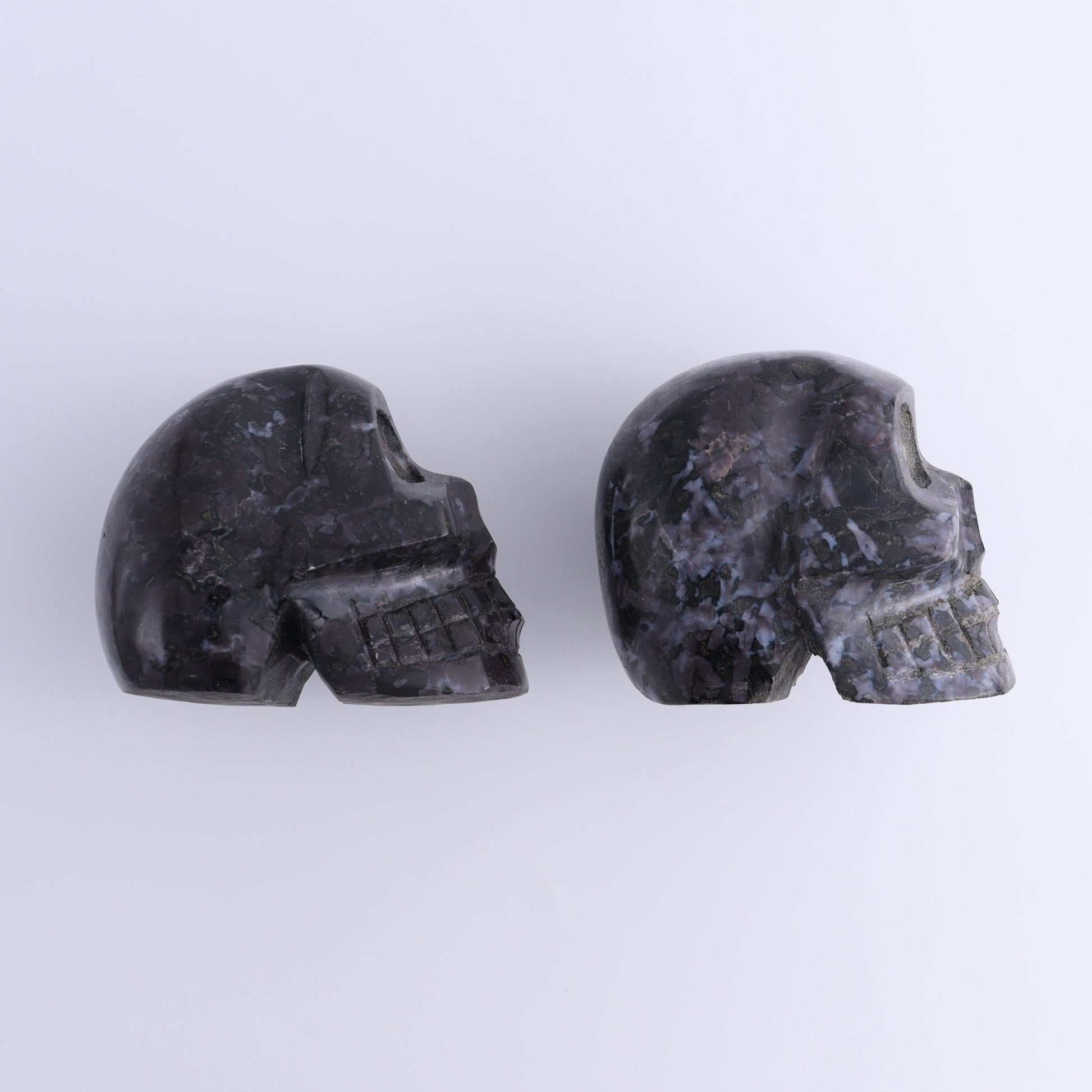 Indigo Gabbro Skulls Set of 2 - Expert Wholesale and Supplier of Wholesale Crystals & Bulk Gemstones, ["Indigo Gabbro","Madagascar","Skulls"]
