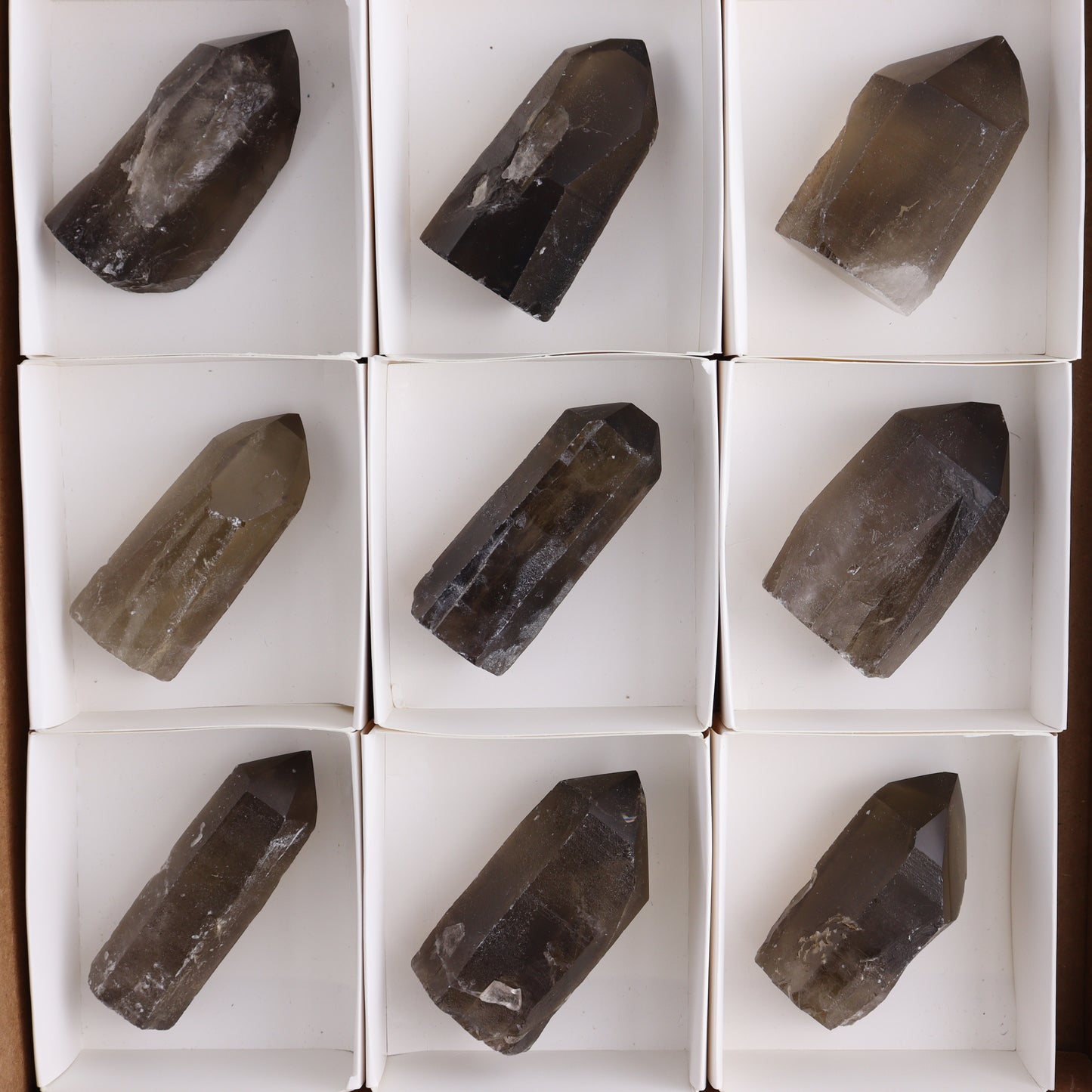 Smoky Quartz Polished Tops Set of 12 - Expert Wholesale and Supplier of Wholesale Crystals & Bulk Gemstones, ["Brazil","close_70","Points","Polished Tip","Quartz","Smoky Quartz"]