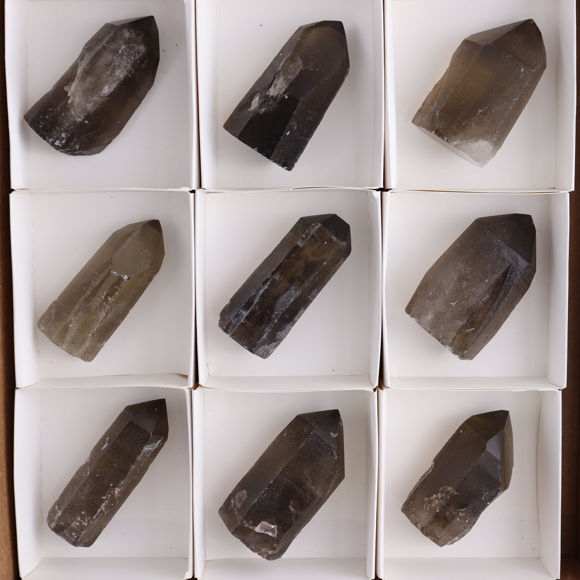 Smoky Quartz Polished Tops Set of 12 - Expert Wholesale and Supplier of Wholesale Crystals & Bulk Gemstones, ["Brazil","close_70","Points","Polished Tip","Quartz","Smoky Quartz"]