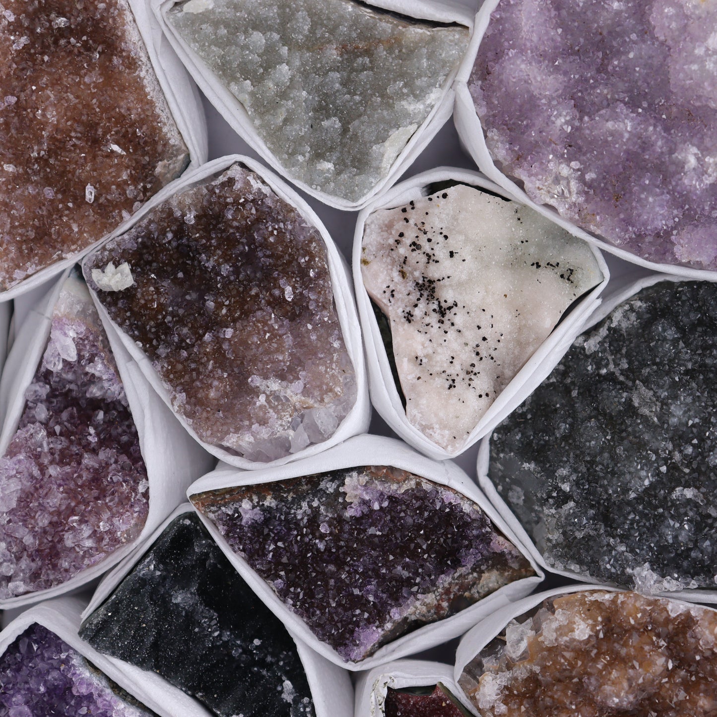 Uruguay Rainbow Amethyst Clusters Flat of 17 - Expert Wholesale and Supplier of Wholesale Crystals & Bulk Gemstones, ["Amethyst","Clusters","Rainbow Amethyst","Sugar Rainbow Amethyst","Uruguay"]