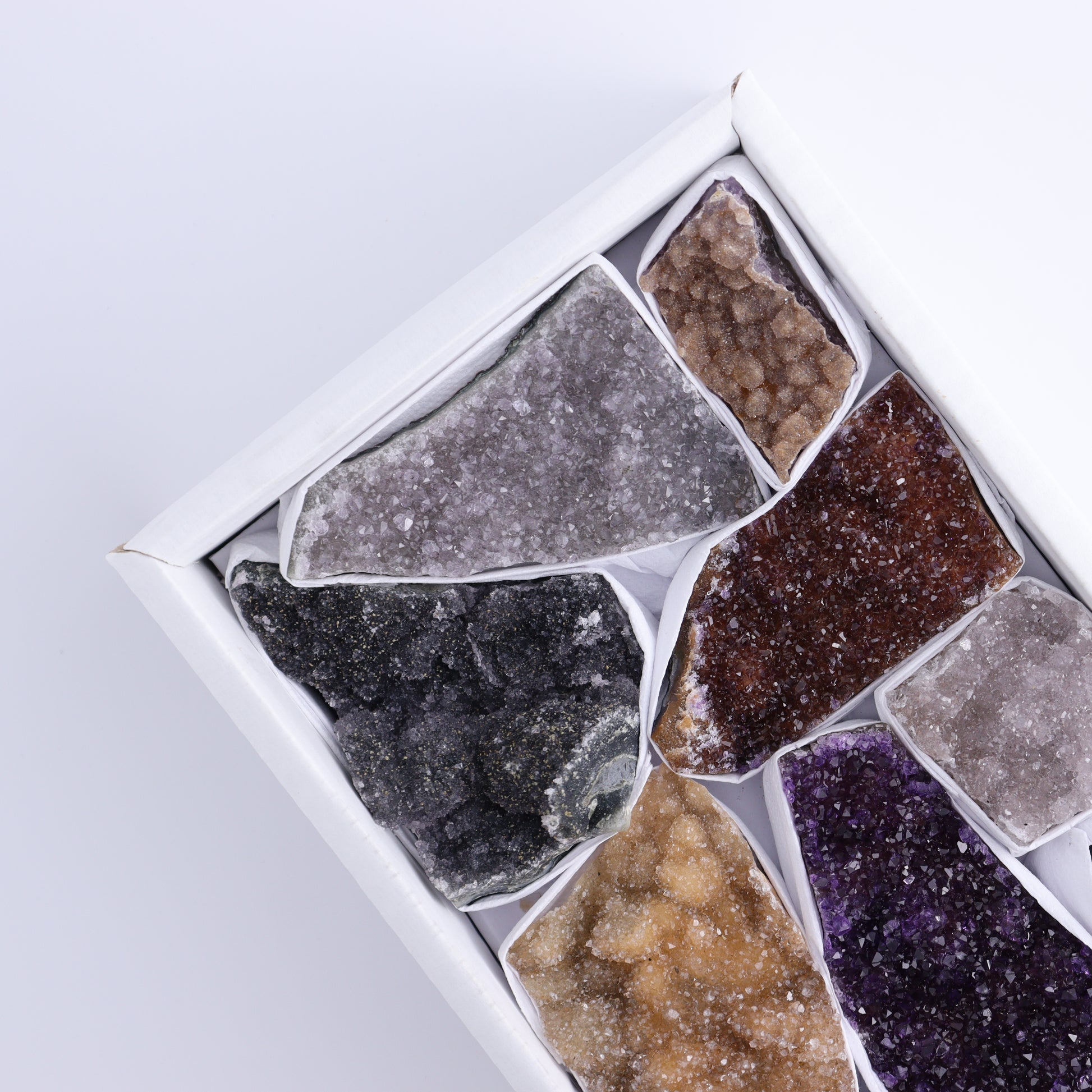 Uruguay Rainbow Amethyst Clusters Flat of 11 - Expert Wholesale and Supplier of Wholesale Crystals & Bulk Gemstones, ["Amethyst","Clusters","Rainbow Amethyst","Sugar Rainbow Amethyst","Uruguay"]
