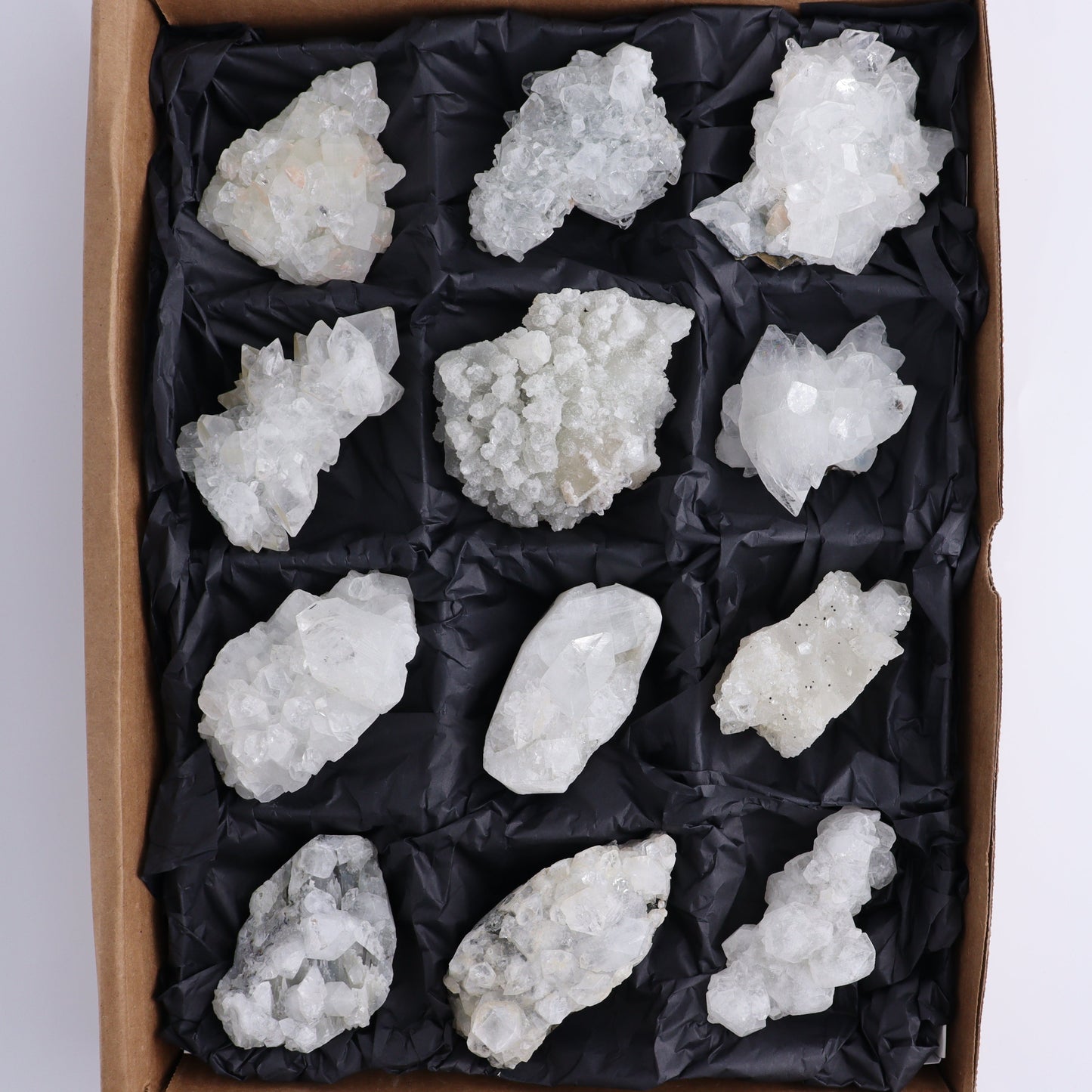 Apophyllite Clusters Flat of 12 - Expert Wholesale and Supplier of Wholesale Crystals & Bulk Gemstones, ["Apophyllite","Clusters","Flats"]