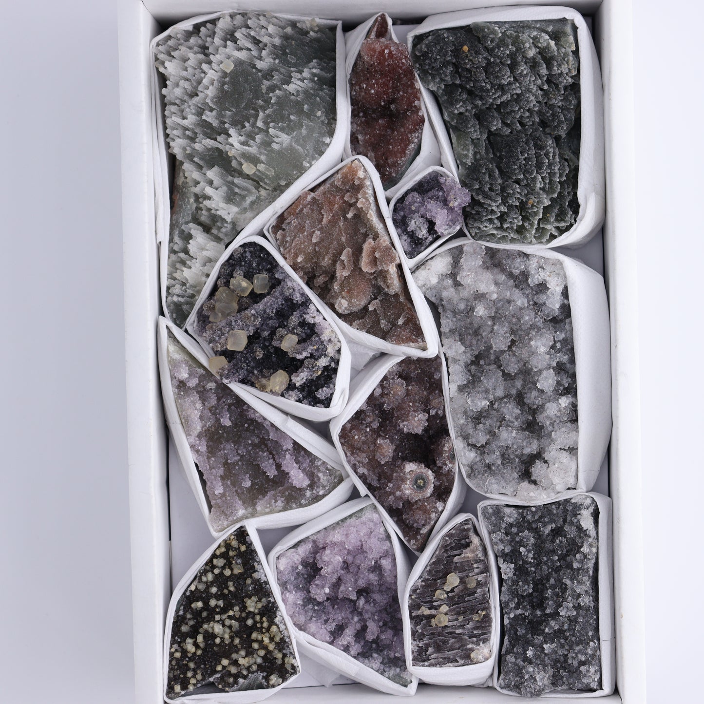 Uruguay Amethyst Clusters with Formations Flat of 13 - Expert Wholesale and Supplier of Wholesale Crystals & Bulk Gemstones, ["Amethyst","Calcite","Clusters","Formations","Uruguay"]