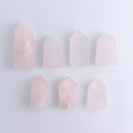 Imperfect Rose Quartz Towers Set of 7 - Expert Wholesale and Supplier of Wholesale Crystals & Bulk Gemstones, ["Brazil","Points","Quartz","Rose Quartz","Towers"]