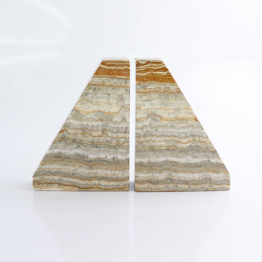 One Pair of Mexican Onyx/Calcite Grey & Tan Polished Bookend