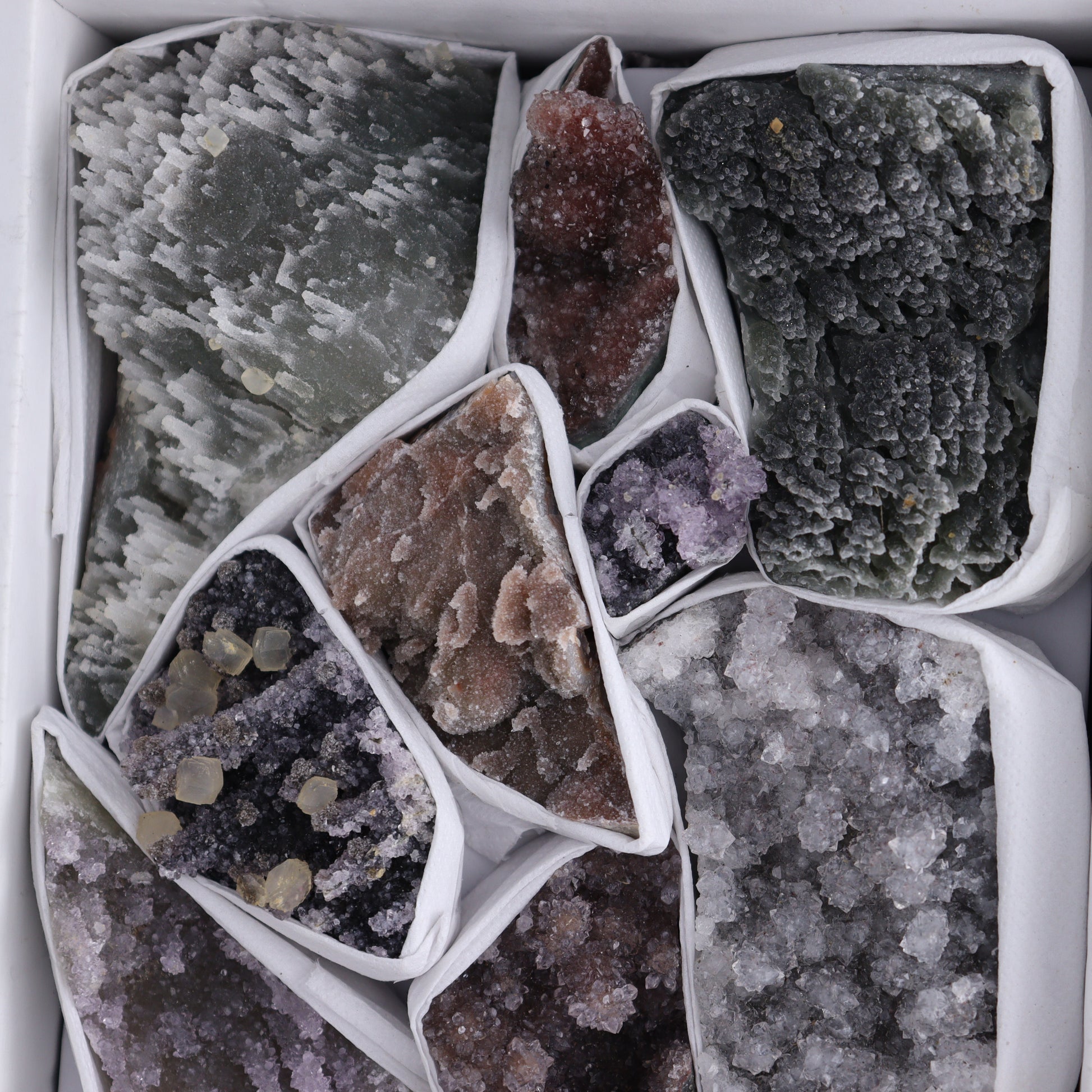 Uruguay Amethyst Clusters with Formations Flat of 13 - Expert Wholesale and Supplier of Wholesale Crystals & Bulk Gemstones, ["Amethyst","Calcite","Clusters","Formations","Uruguay"]