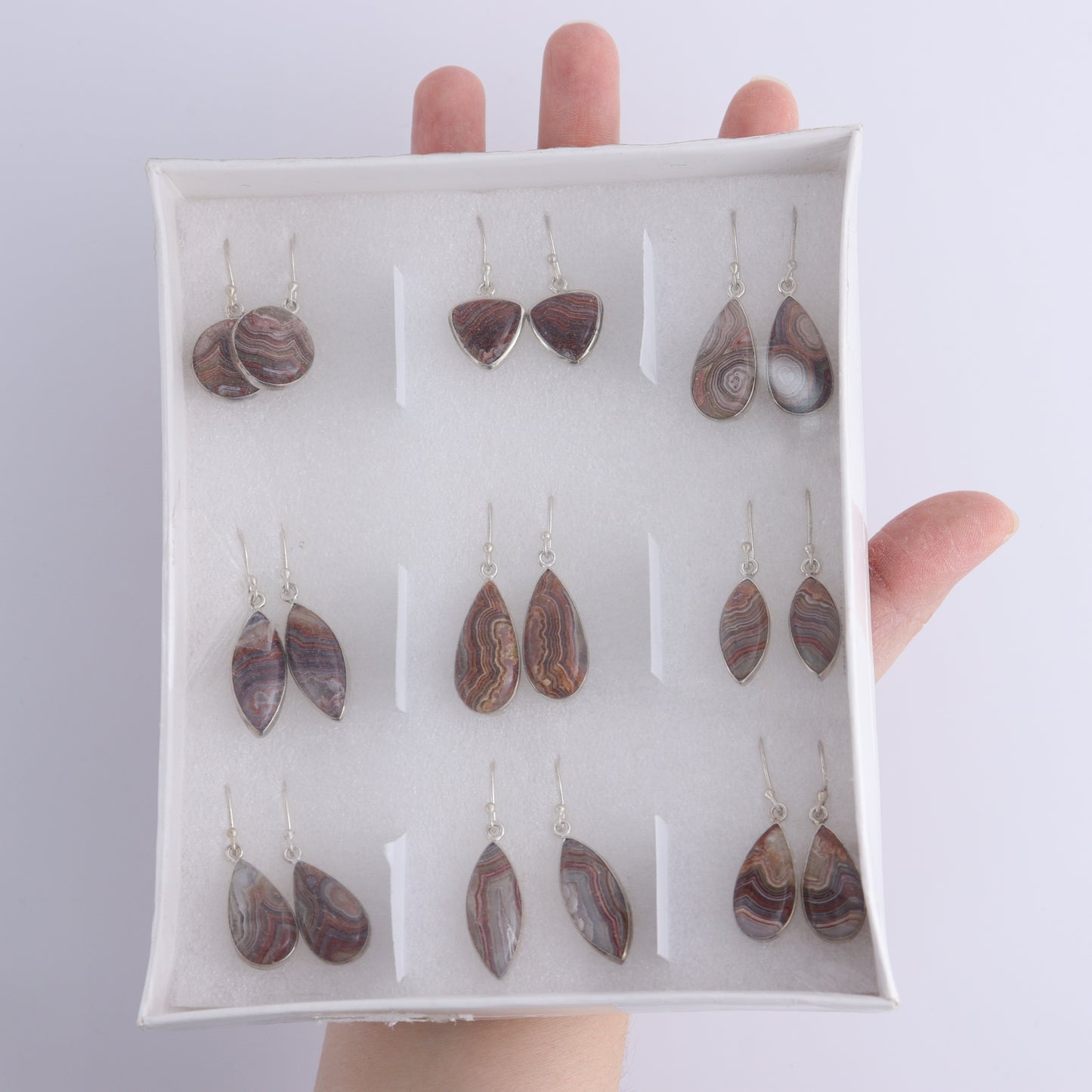 Crazy Lace Agate Earrings Pairs of 9 - Expert Wholesale and Supplier of Wholesale Crystals & Bulk Gemstones, ["close_50","Crazy Lace Agate","earrings","India","sterling silver"]