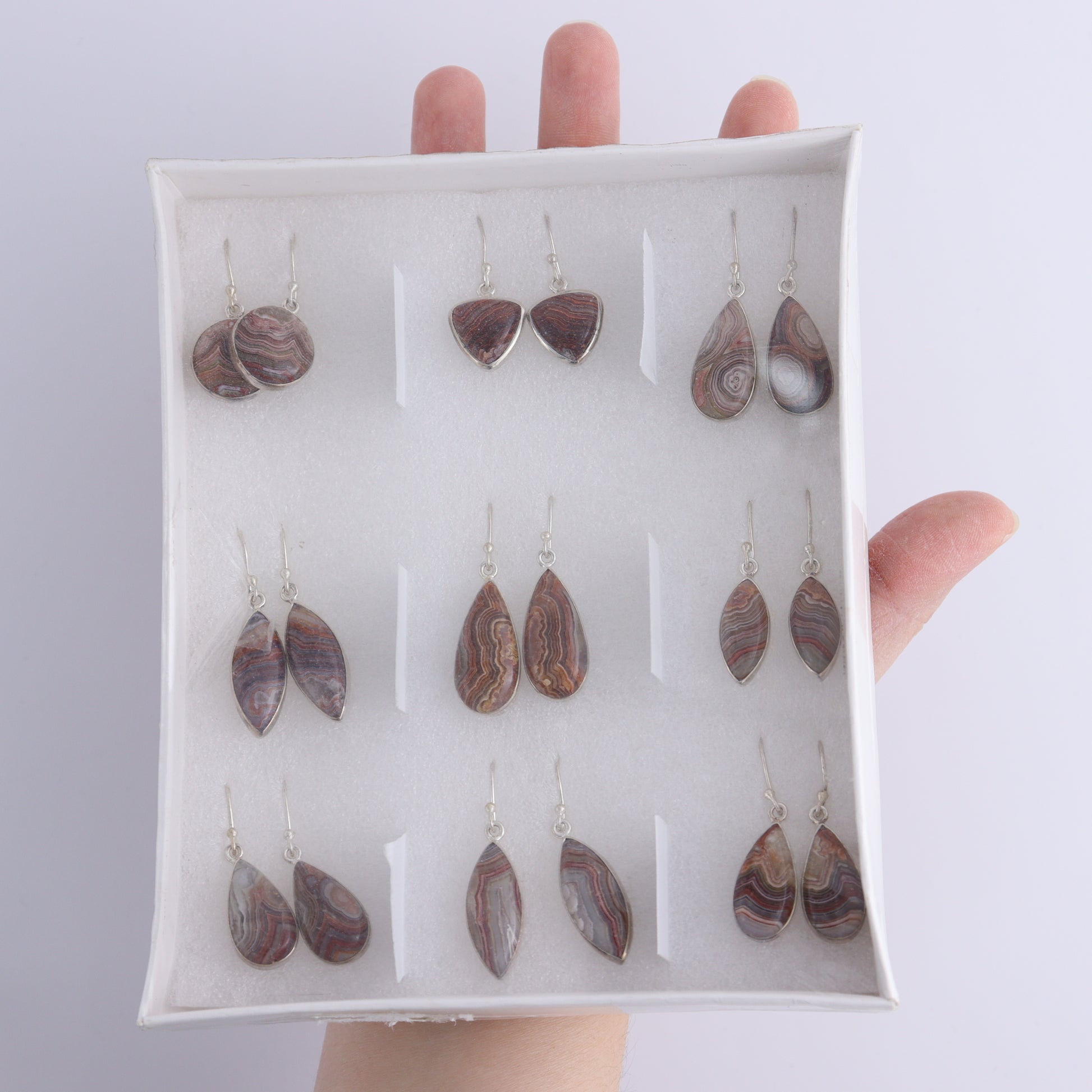 Crazy Lace Agate Earrings Pairs of 9 - Expert Wholesale and Supplier of Wholesale Crystals & Bulk Gemstones, ["close_50","Crazy Lace Agate","earrings","India","sterling silver"]