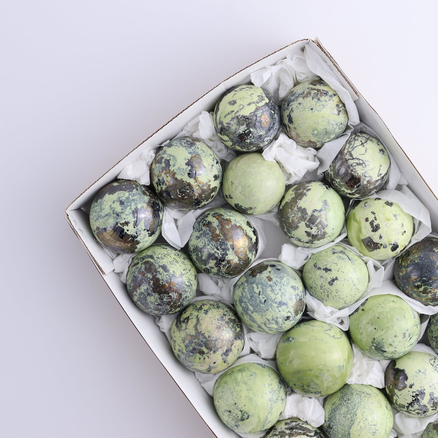 Serpentine with Pyrite Spheres Set of 25 - Expert Wholesale and Supplier of Wholesale Crystals & Bulk Gemstones, ["Peru","serpentine","Spheres"]