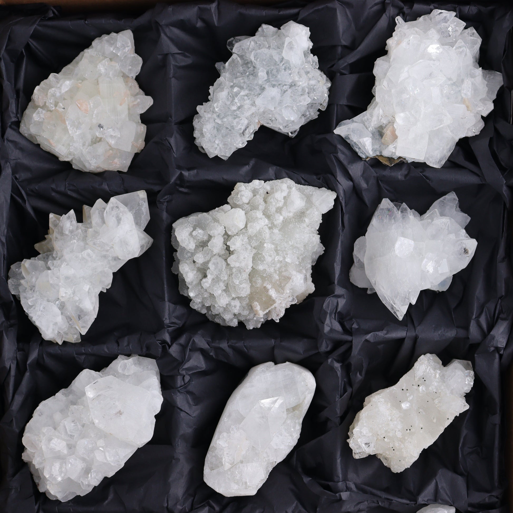 Apophyllite Clusters Flat of 12 - Expert Wholesale and Supplier of Wholesale Crystals & Bulk Gemstones, ["Apophyllite","Clusters","Flats"]