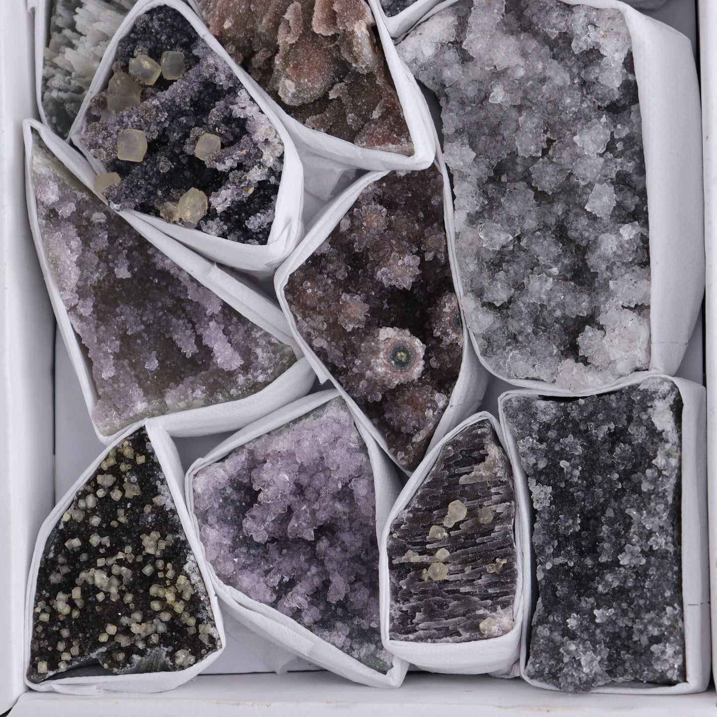 Uruguay Amethyst Clusters with Formations Flat of 13 - Expert Wholesale and Supplier of Wholesale Crystals & Bulk Gemstones, ["Amethyst","Calcite","Clusters","Formations","Uruguay"]